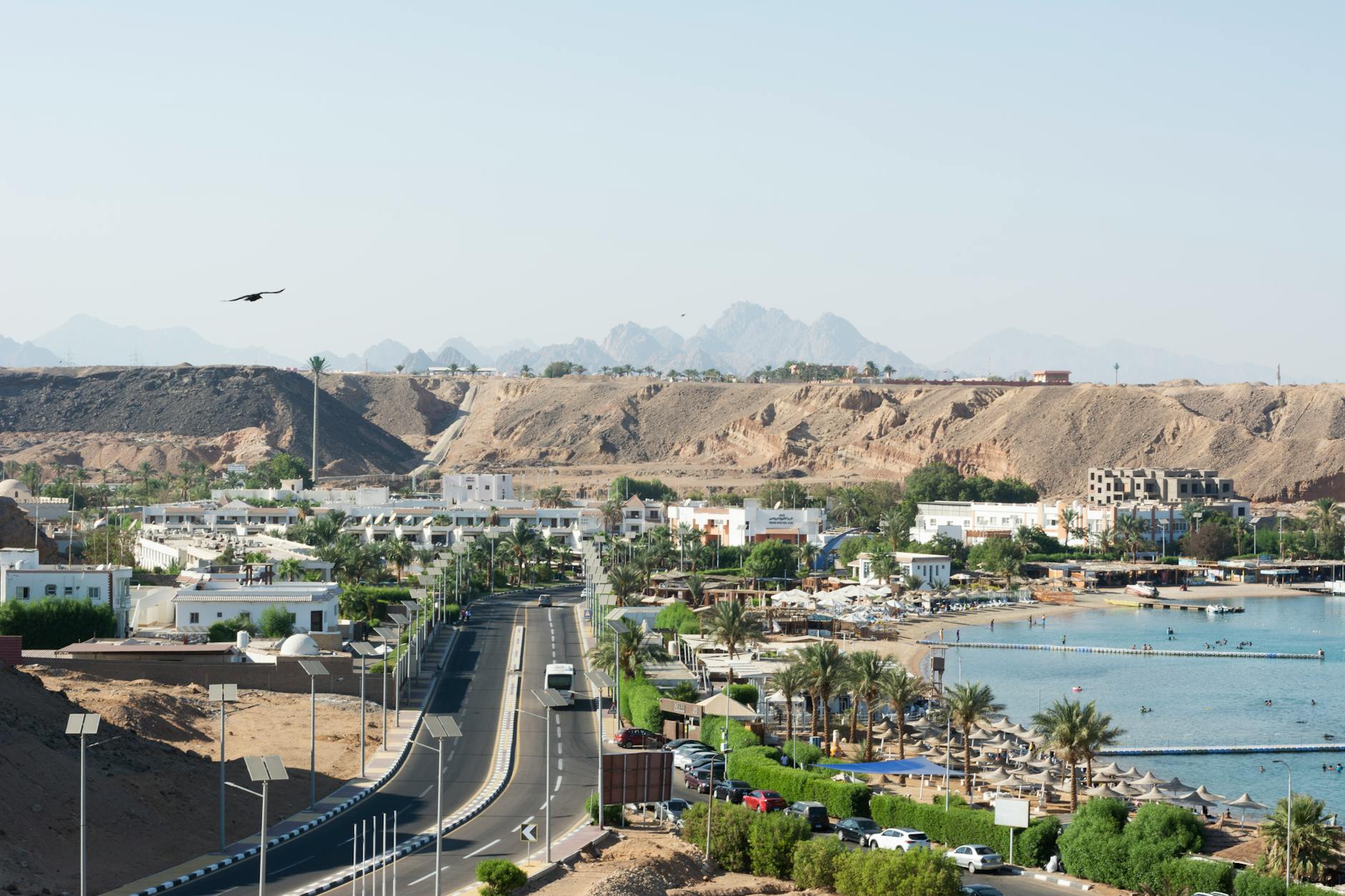 Aerial view of the Sharm El Sheikh coastline and resort zone.