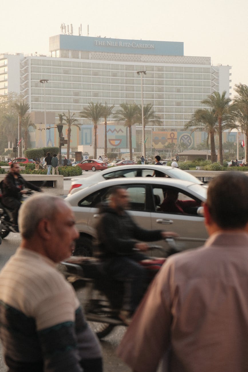 Traffic scene near the Nile Ritz-Carlton in Cairo.