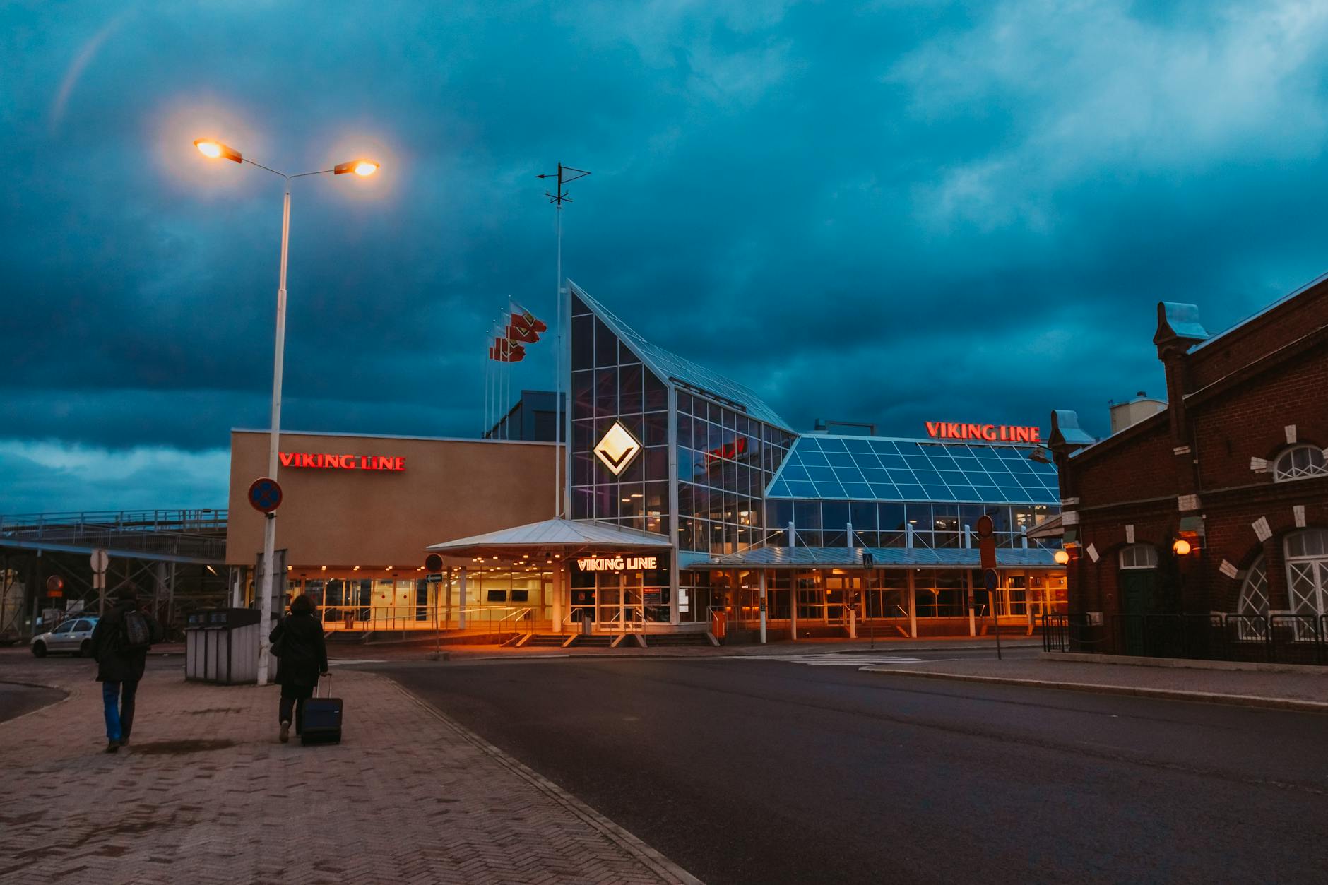 Viking Line ferry terminal in Turku at twilight.
