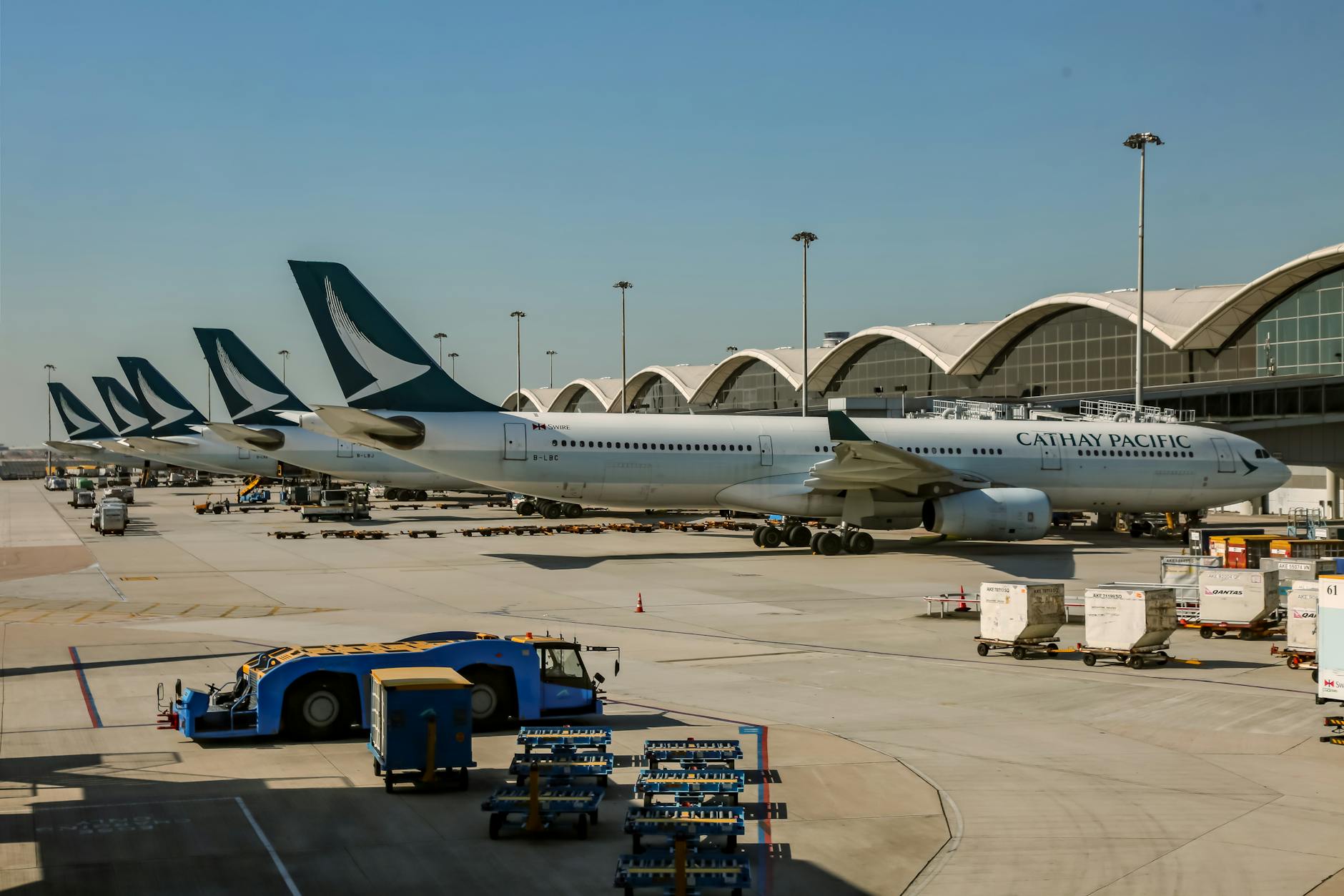 Cathay Pacific aircraft parked at Hong Kong International Airport.