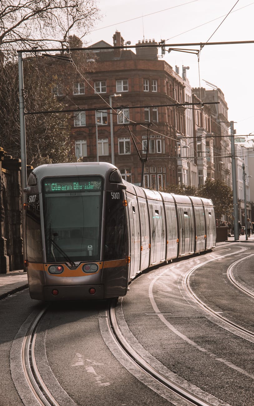 Luas tram curving through central Dublin.