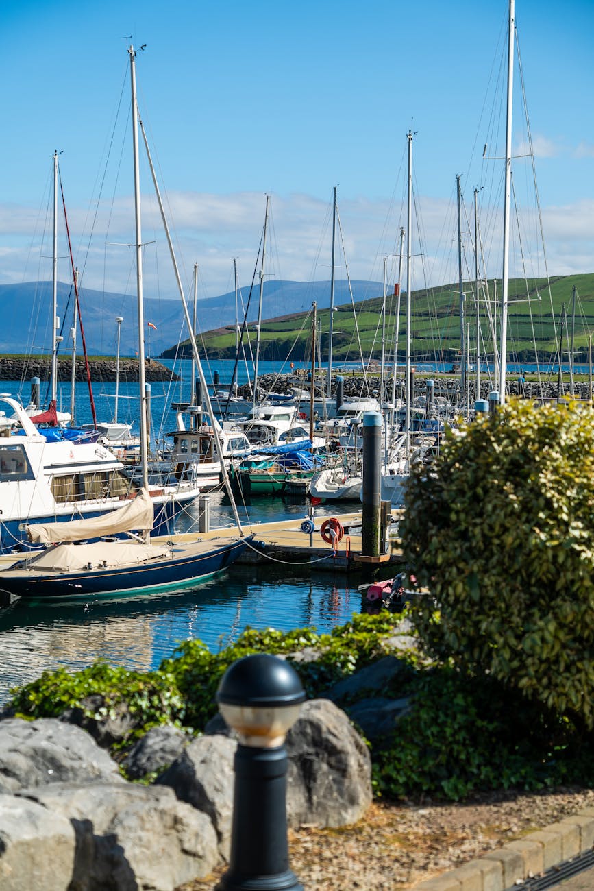 Boats anchored at Dingle Marina in Ireland.