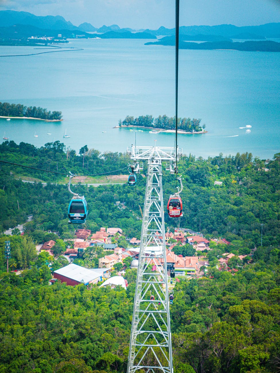 Langkawi cable car over forested island terrain.