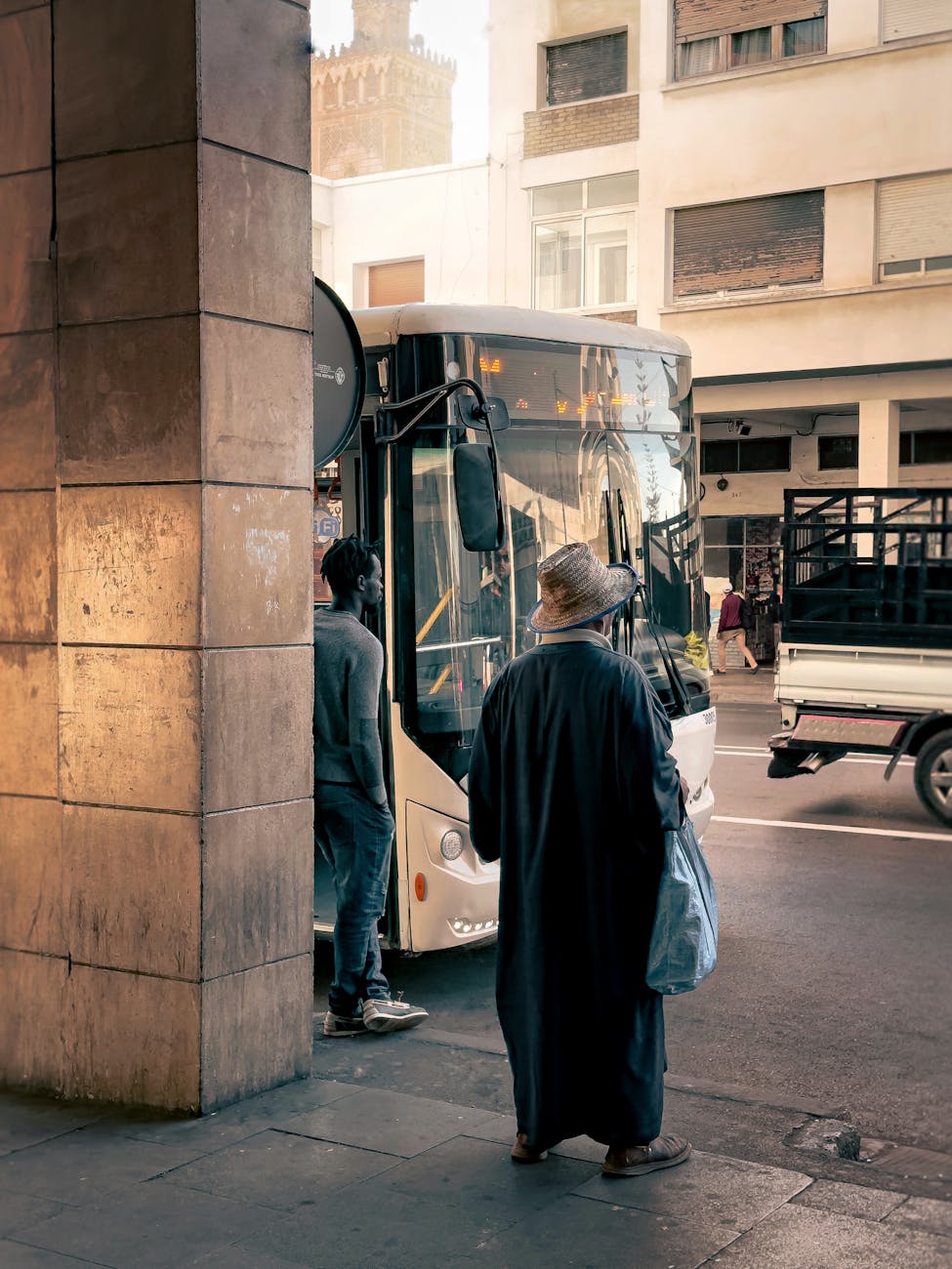 Bus stop scene in Rabat.