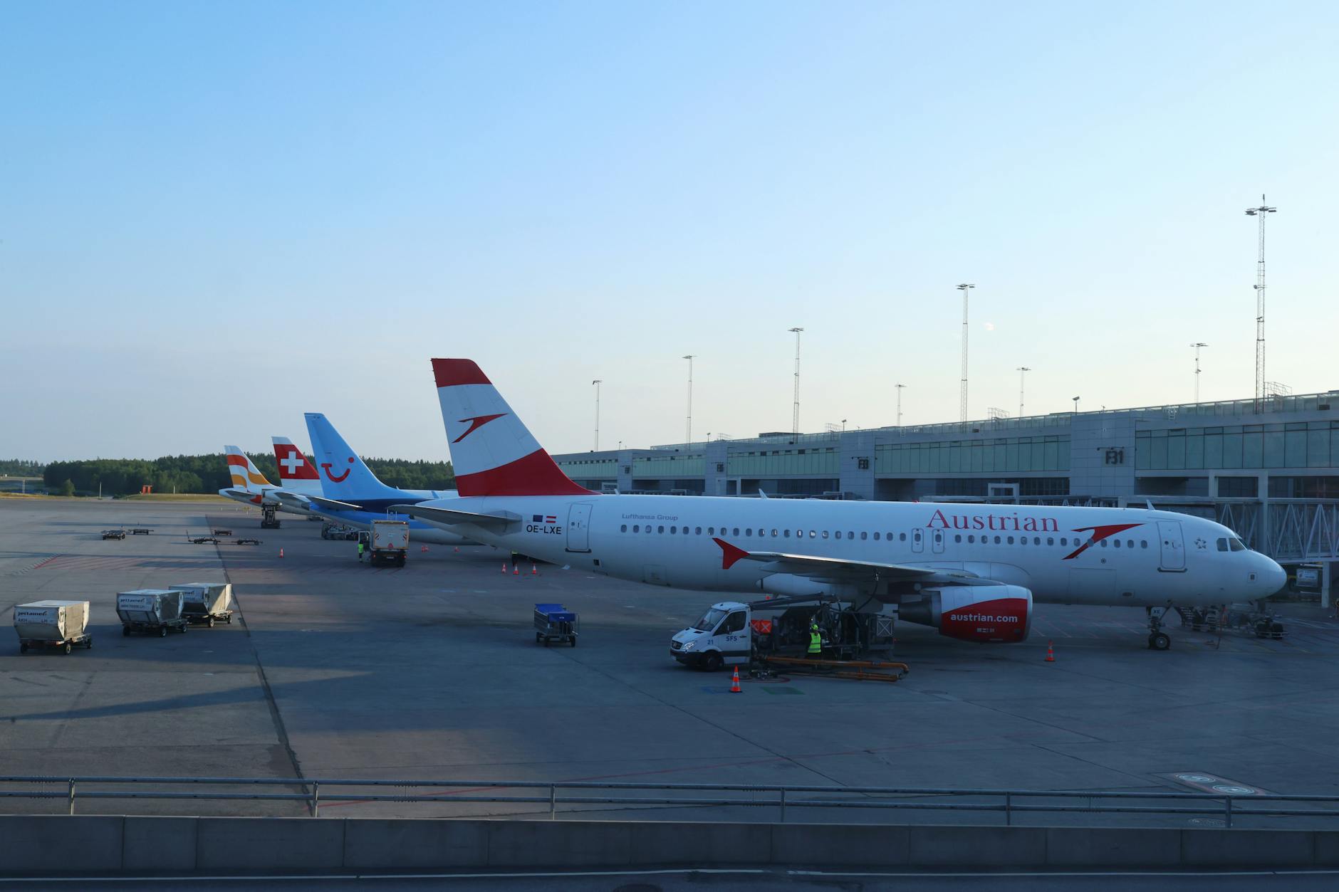 Aircraft lined up at Oslo Airport.