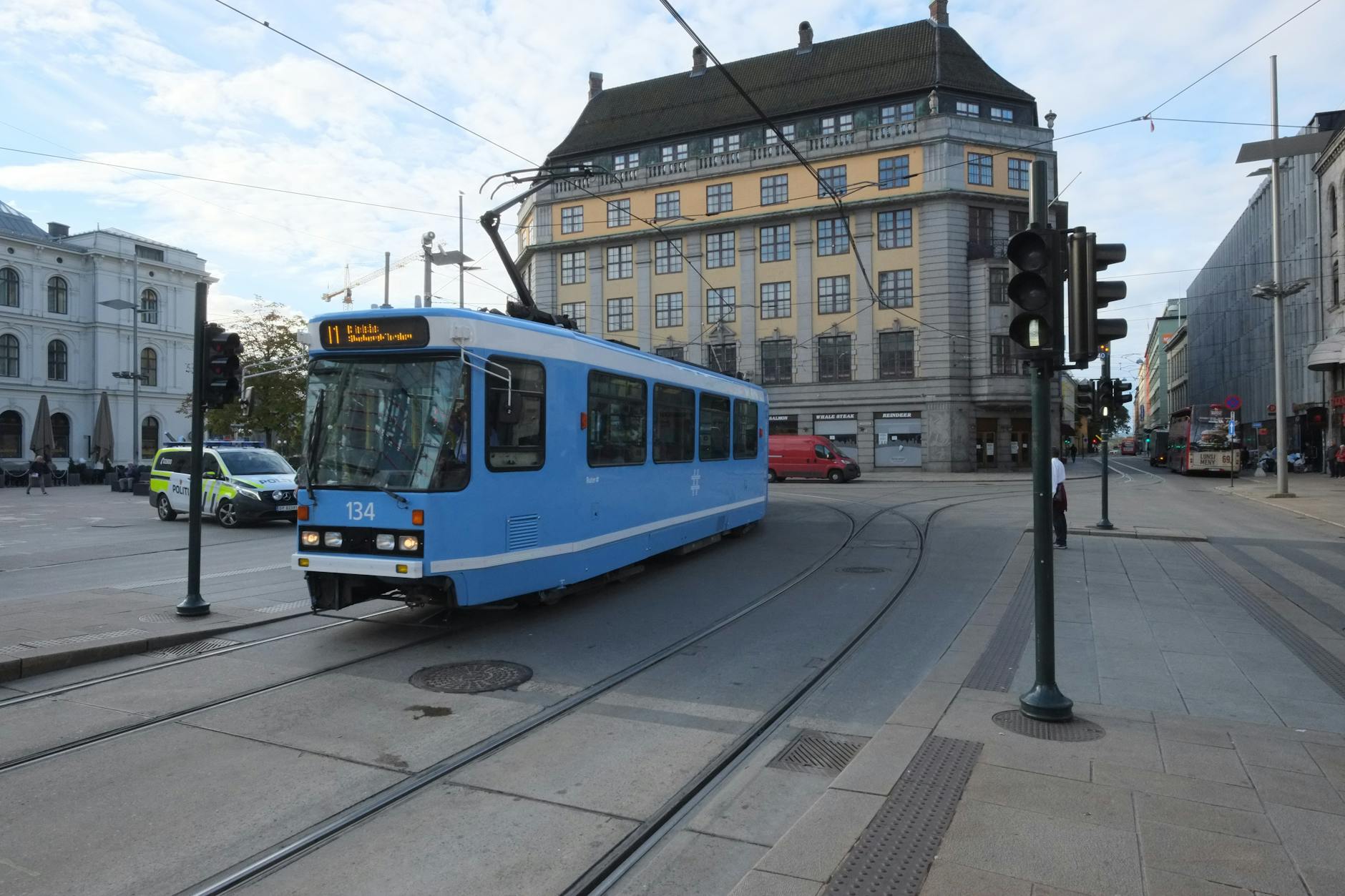 Blue tram in central Oslo.