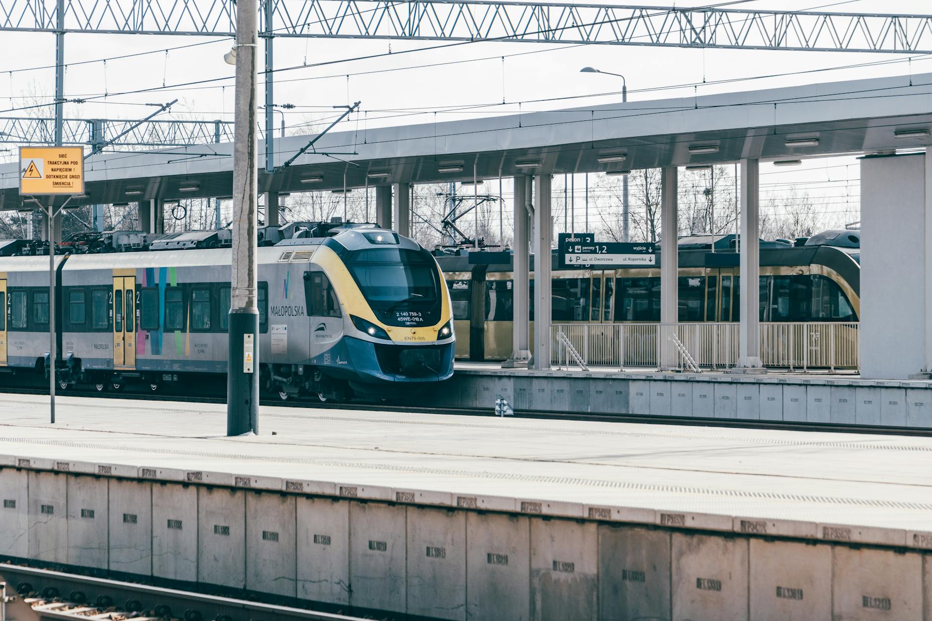 Passenger train at a Polish railway station.
