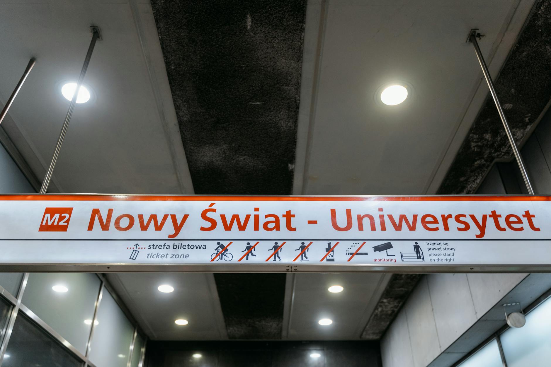 Metro platform signage in Warsaw.