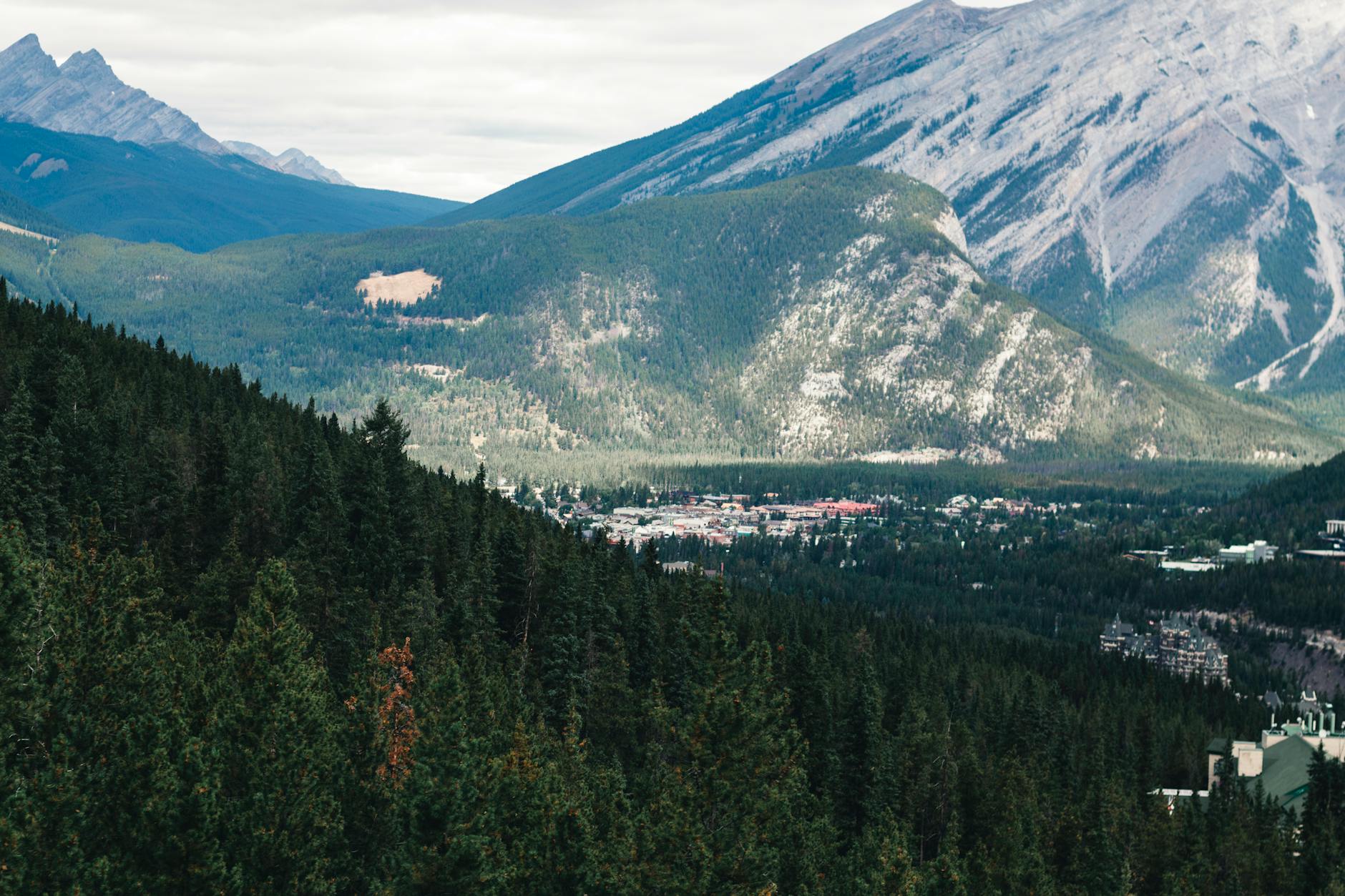 A breathtaking view of Banff, Alberta showcasing lush forests and majestic mountains.
