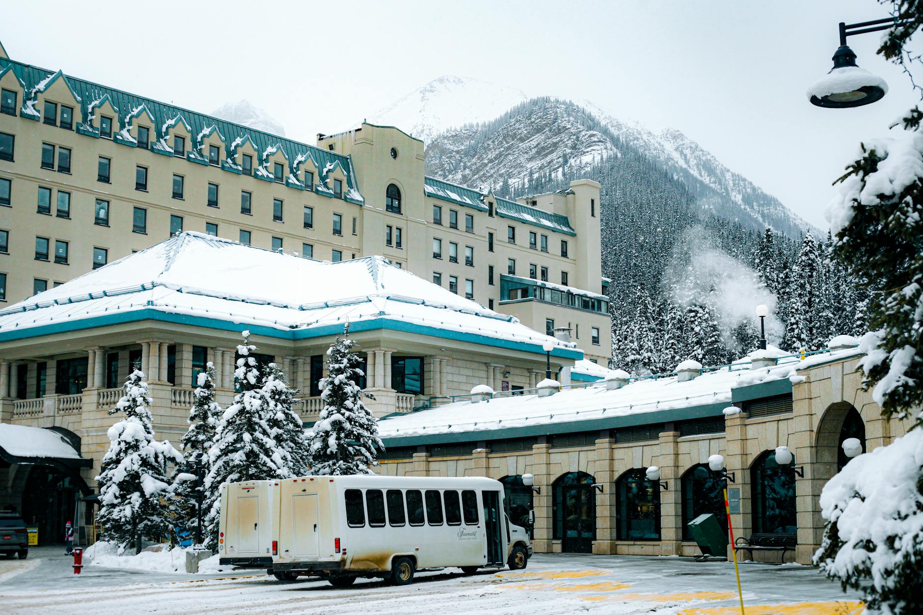 Majestic snowy resort with mountain views in winter. Ideal for winter getaways and scenic retreats.