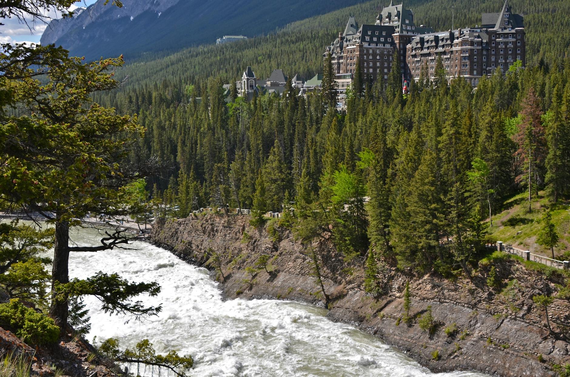 View of Banff Springs Hotel nestled in lush forest by river, Canadian Rockies.