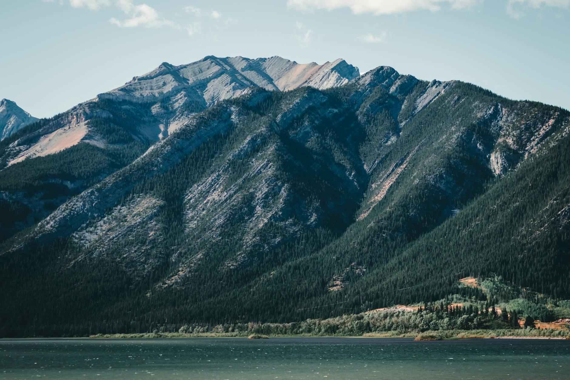Scenic view of a mountain and lake in Banff National Park, Alberta, Canada.
