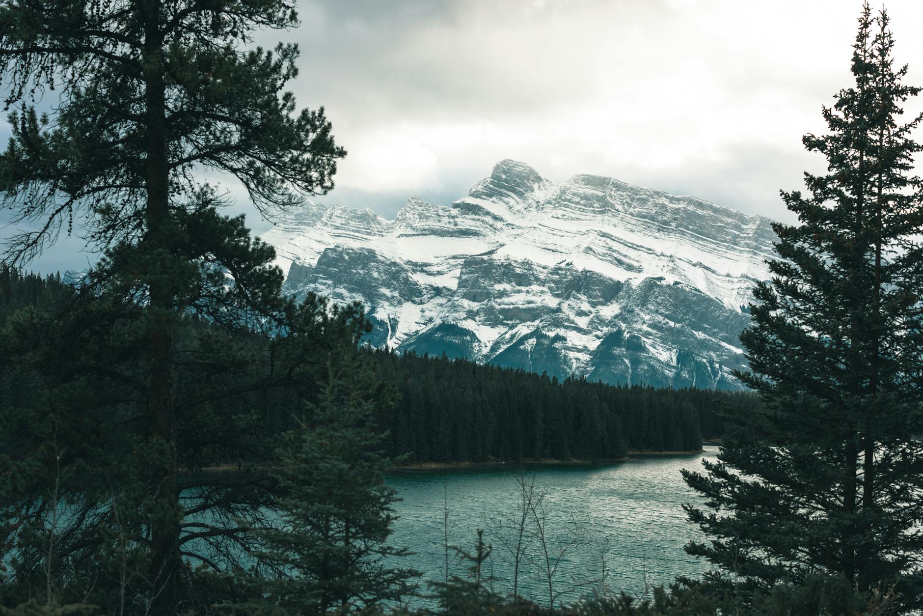 Snow-capped mountains and evergreen forest by a serene lake in Banff, Canada.