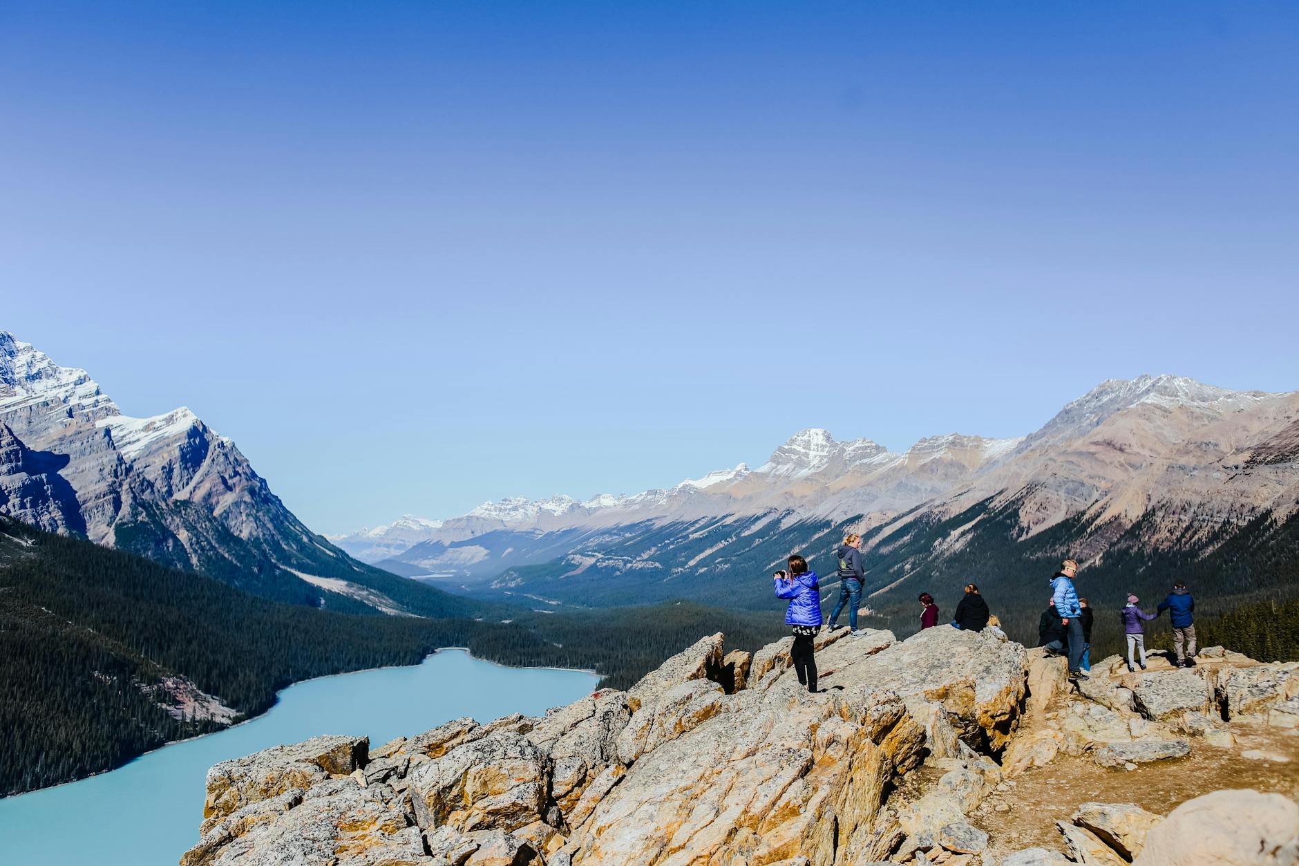 Tourists enjoy a stunning view of mountains and Peyto Lake in the Canadian Rockies.
