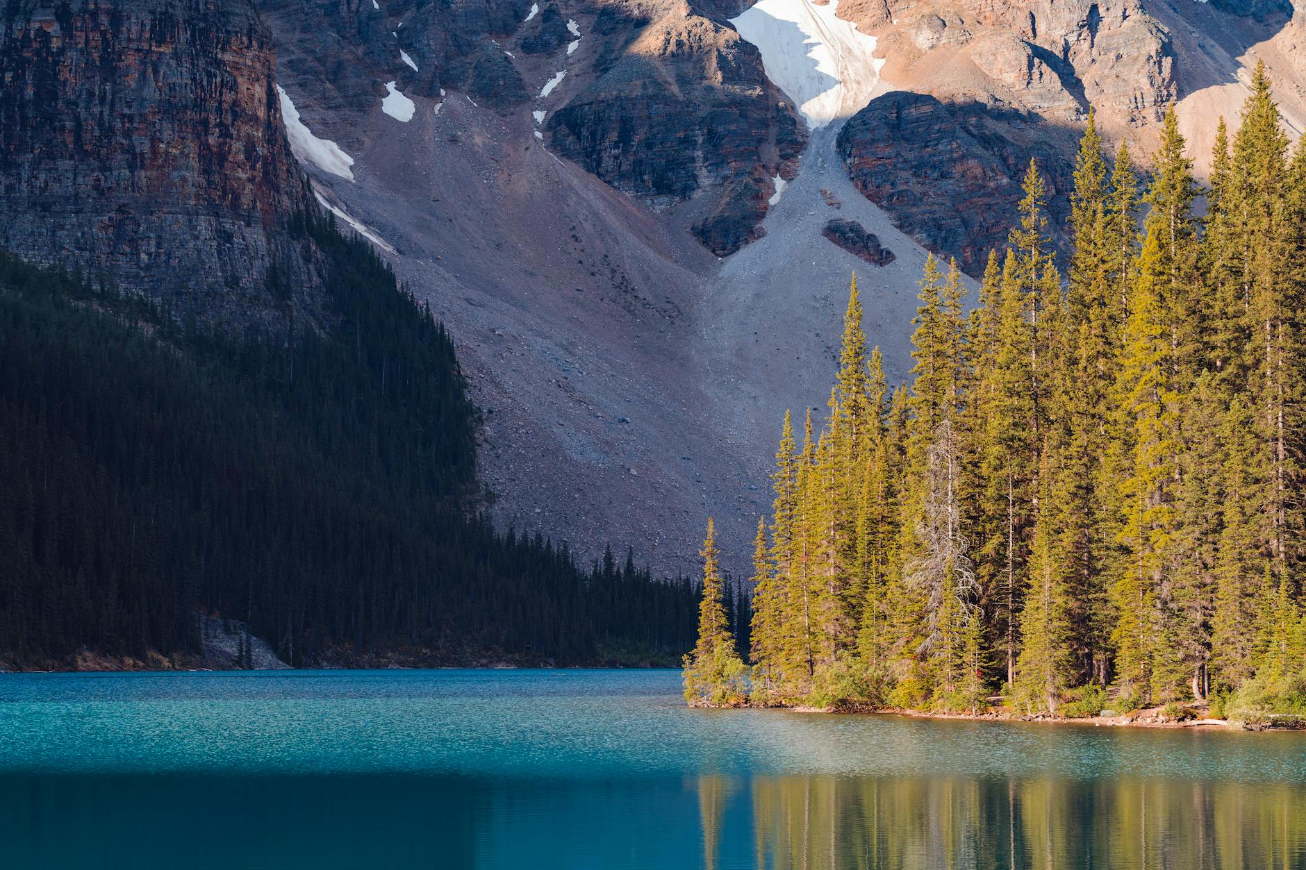 Breathtaking view of turquoise Moraine Lake surrounded by coniferous trees and mountains.