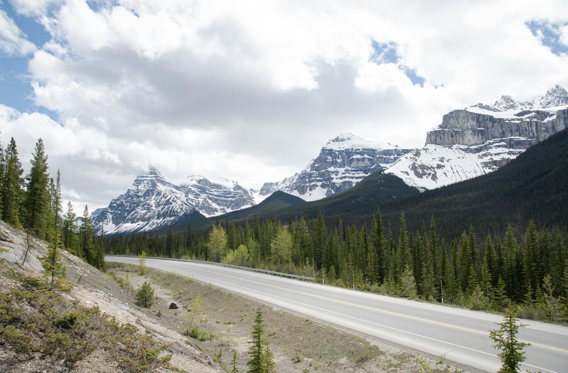 Stunning view of a mountain road surrounded by pine trees and snow-covered peaks under a cloudy sky.