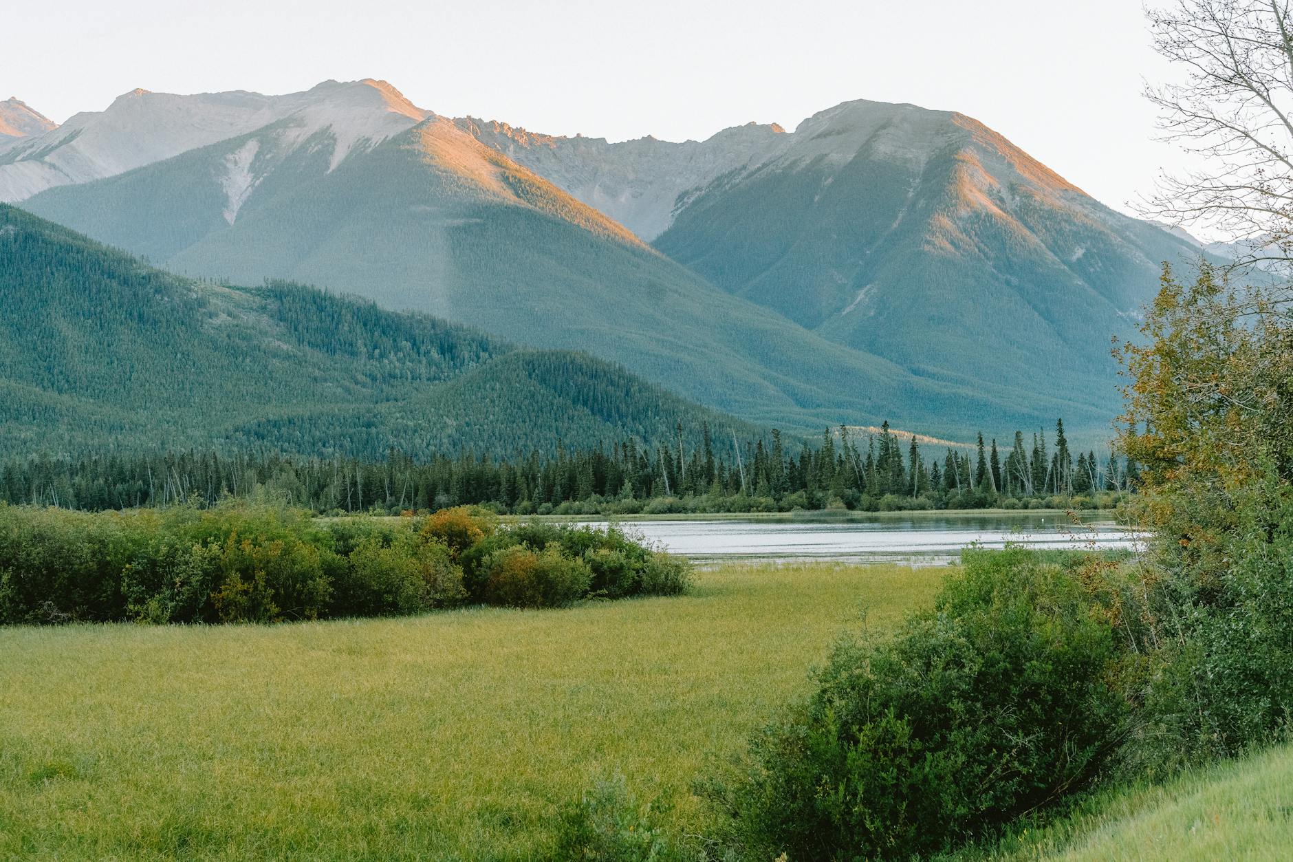 Serene summer landscape highlighting the majestic mountains of Banff National Park, Alberta, Canada.