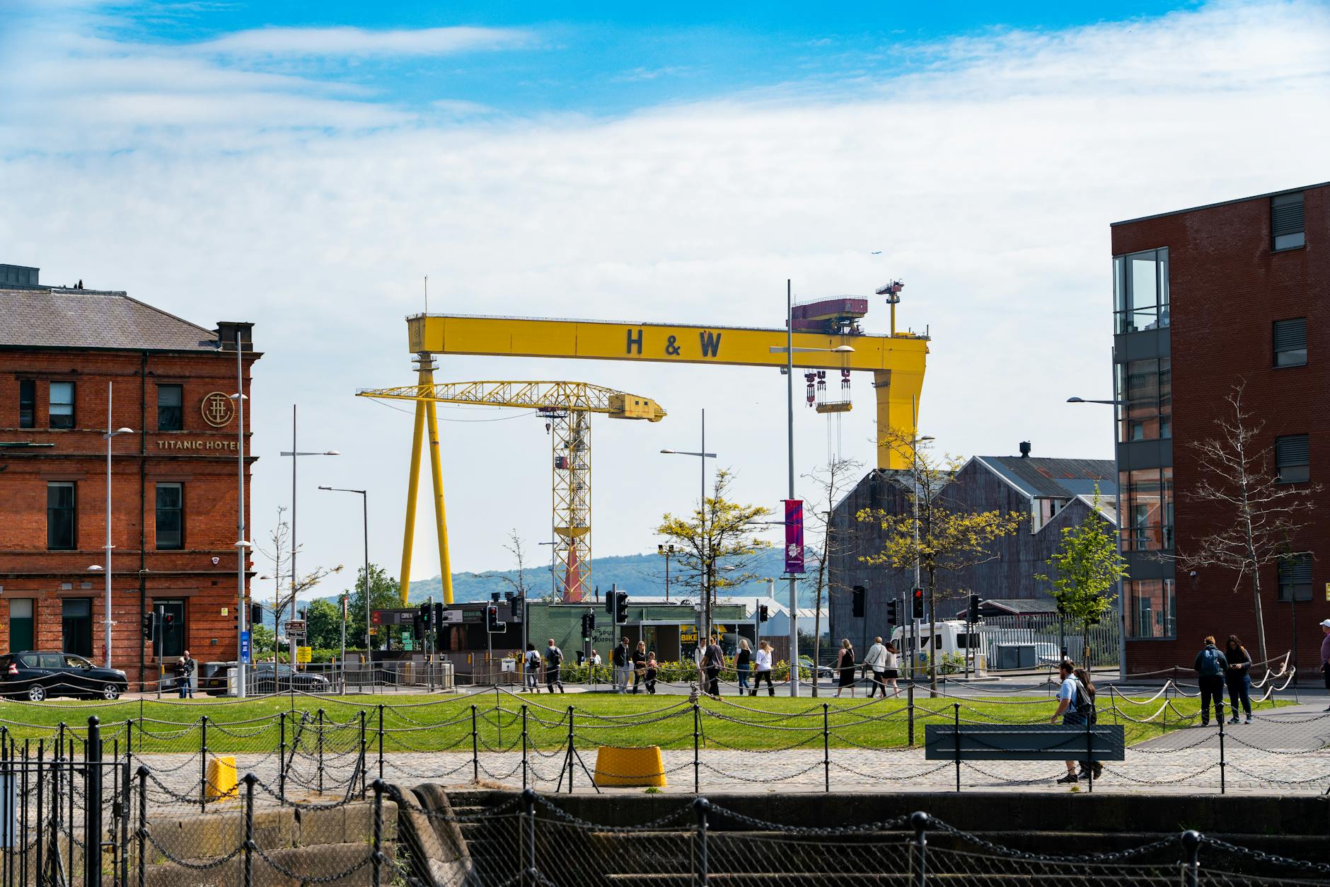 View of the iconic Harland & Wolff crane near Titanic Hotel, Belfast.
