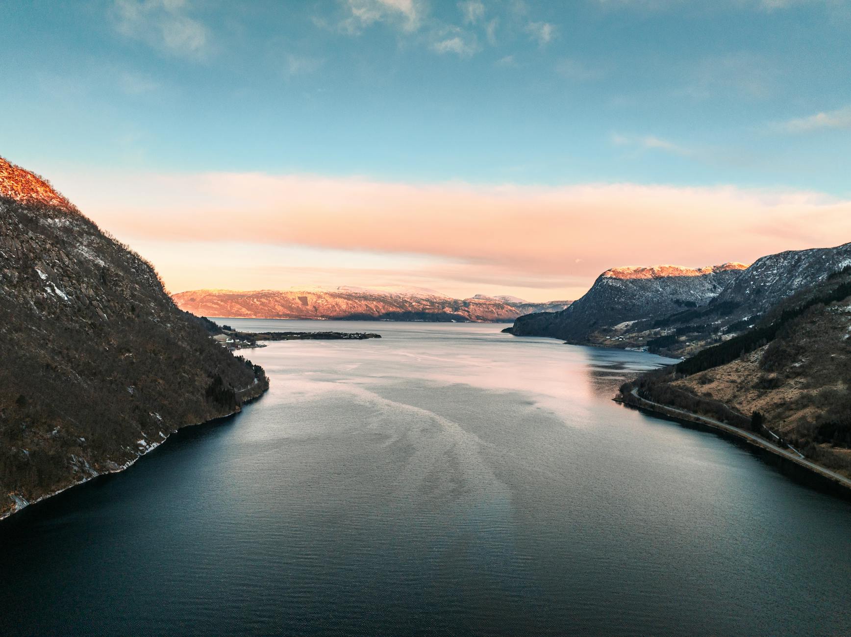 Winter Norwegian fjord landscape for outdoor recovery planning.