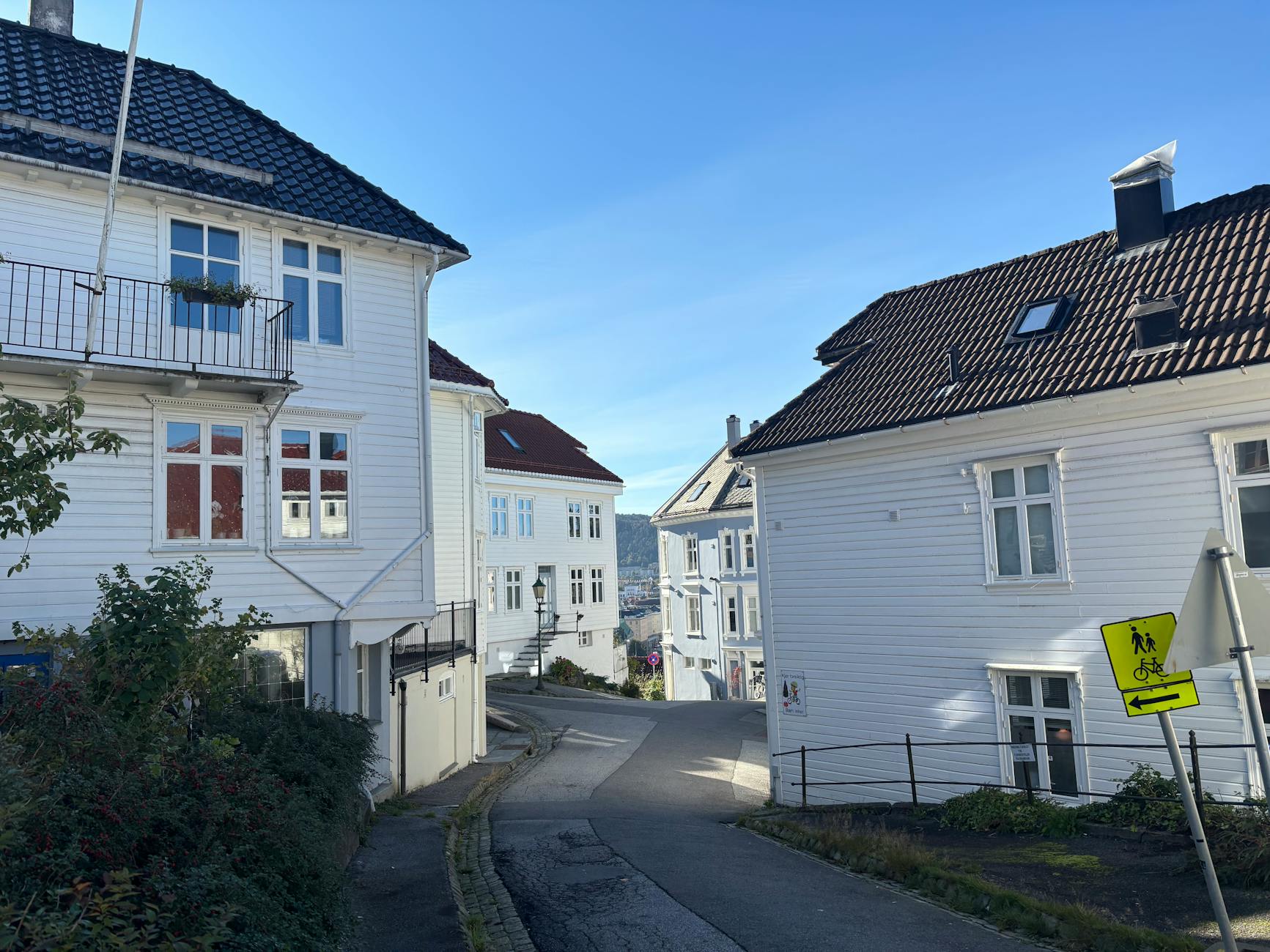 White wooden houses on a Bergen street for budget rain planning.