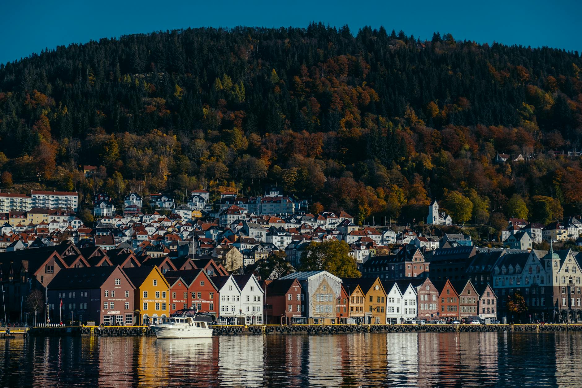 Bergen waterfront houses and water for rain-safe conference movement planning.