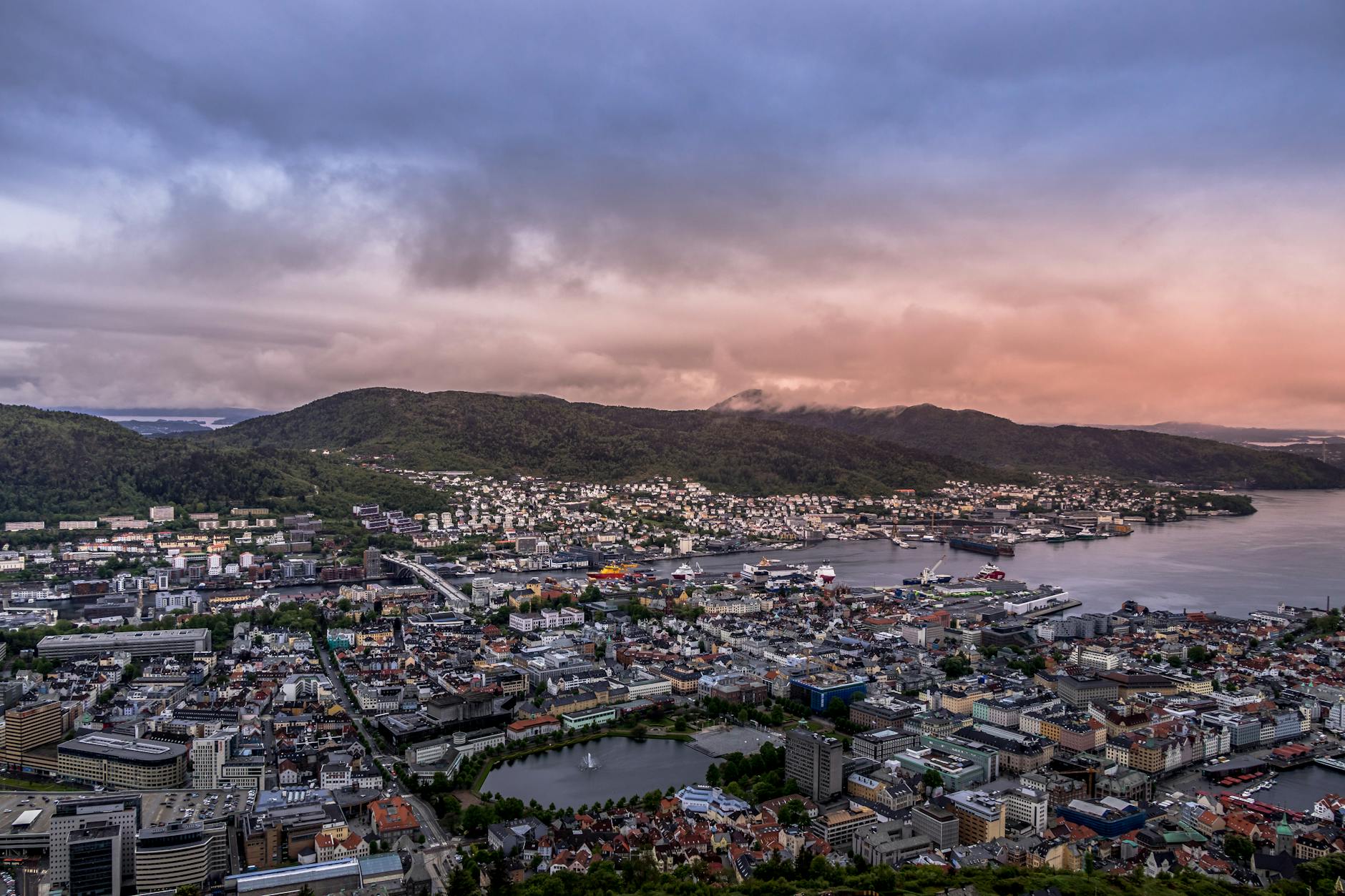 Aerial Bergen at dusk for conference city-window planning.