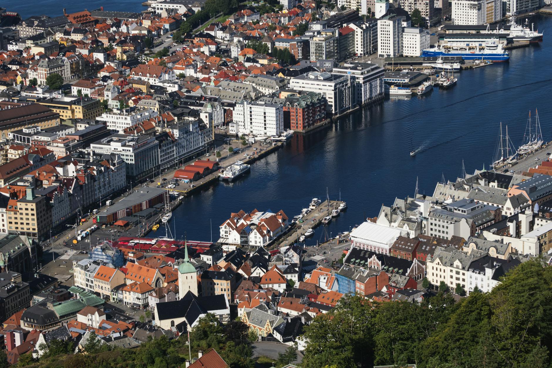 Aerial Bergen harborside for conference attendee report planning.