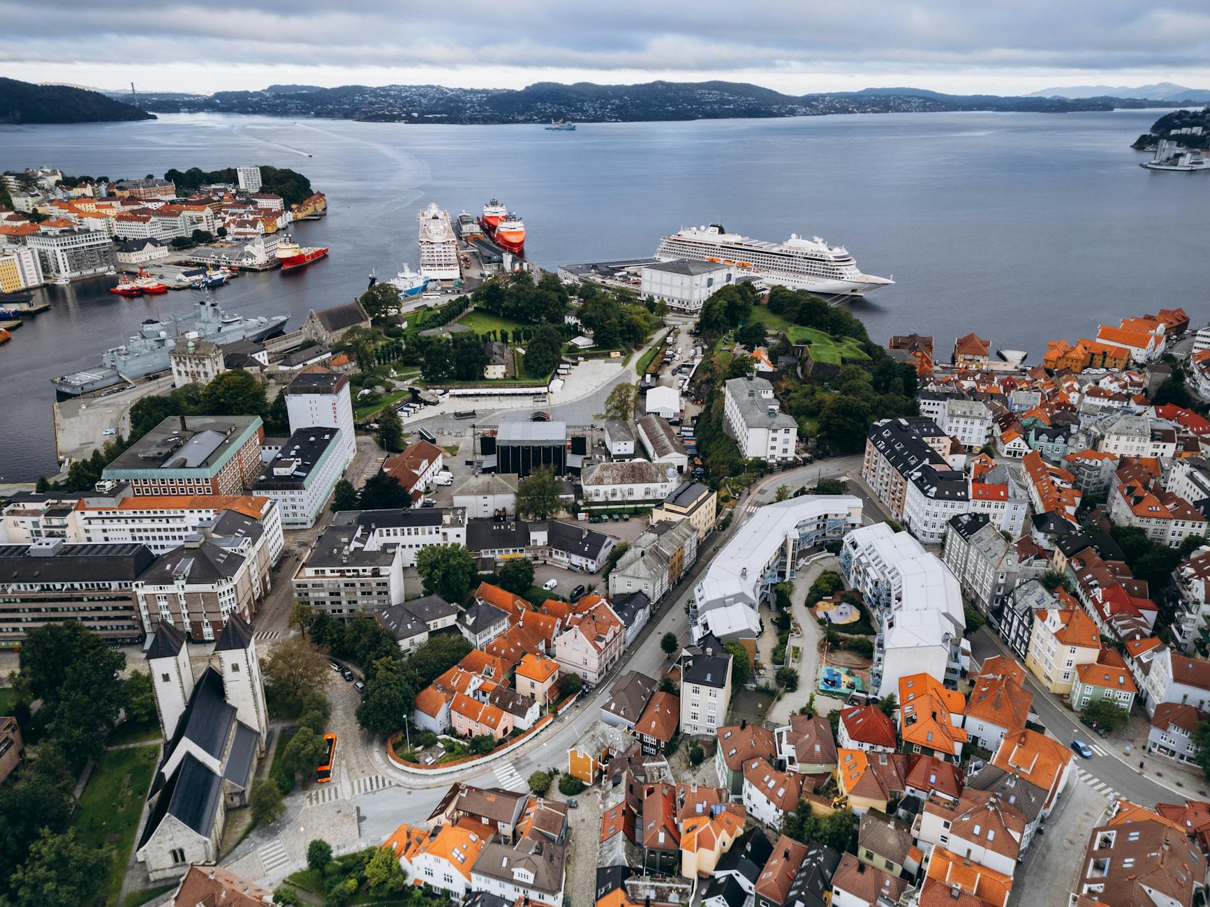 Aerial Bergen harbor and city for consultant trip planning.