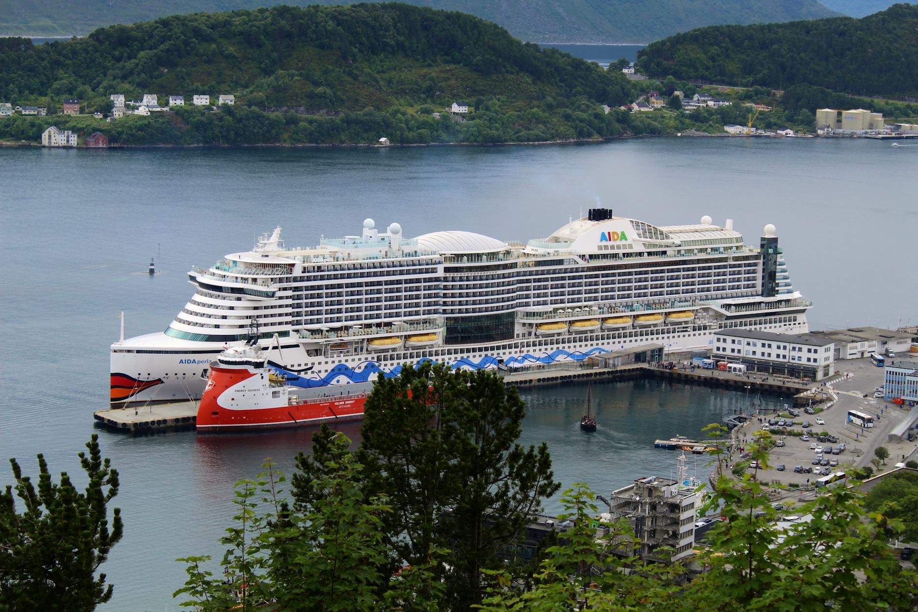 Cruise ships in Bergen harbor for creator timing and upload planning.