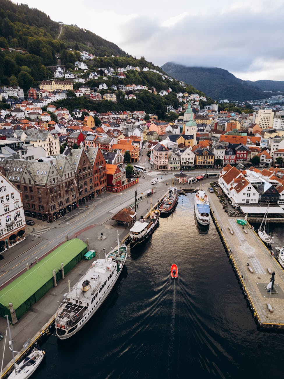 Aerial view of Bergen harbor for cruise and port-call planning.