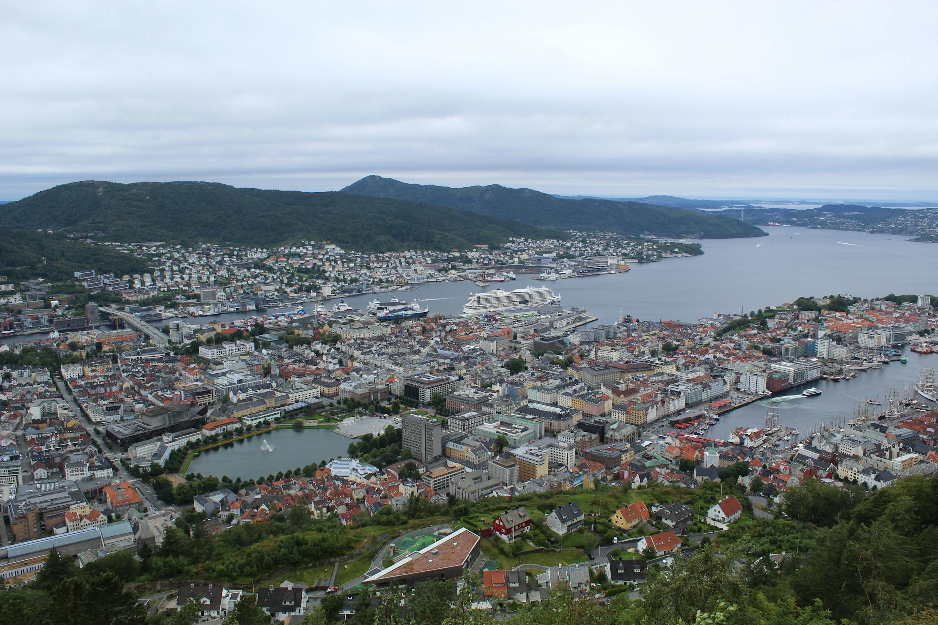 Aerial Bergen harbor and mountains for family viewpoint planning.