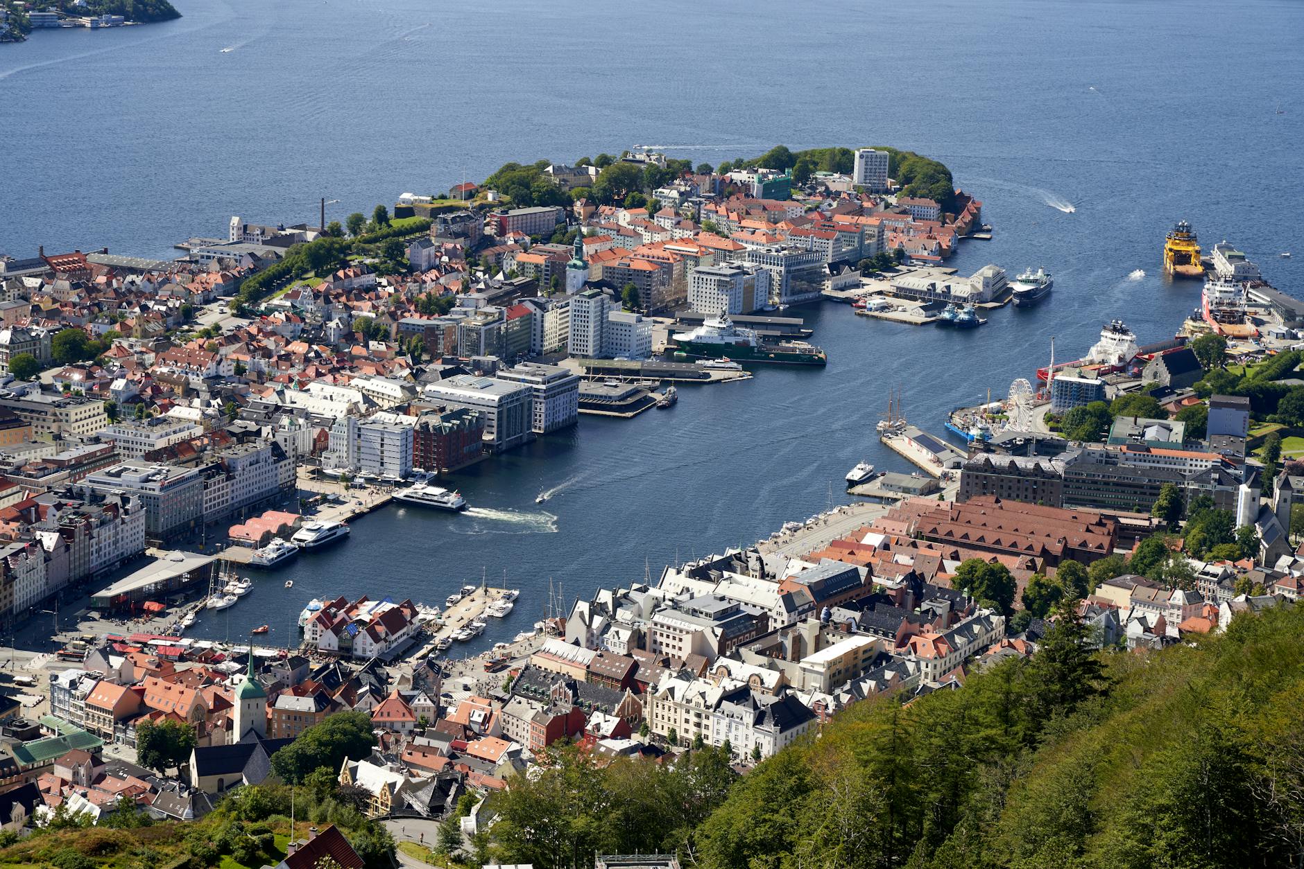 Aerial Bergen city and harbor for family travel report planning.
