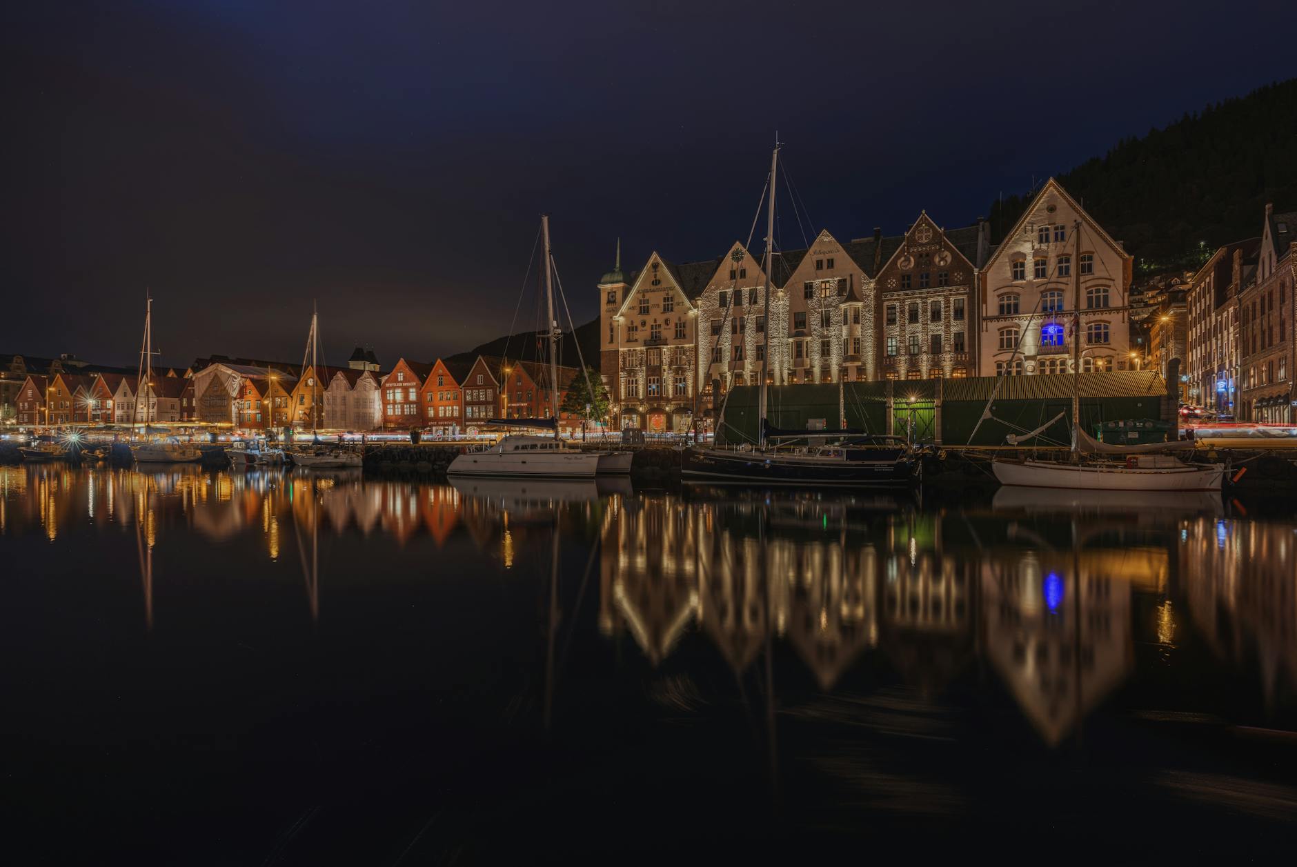 Bergen evening harbor for first-time visitor planning.