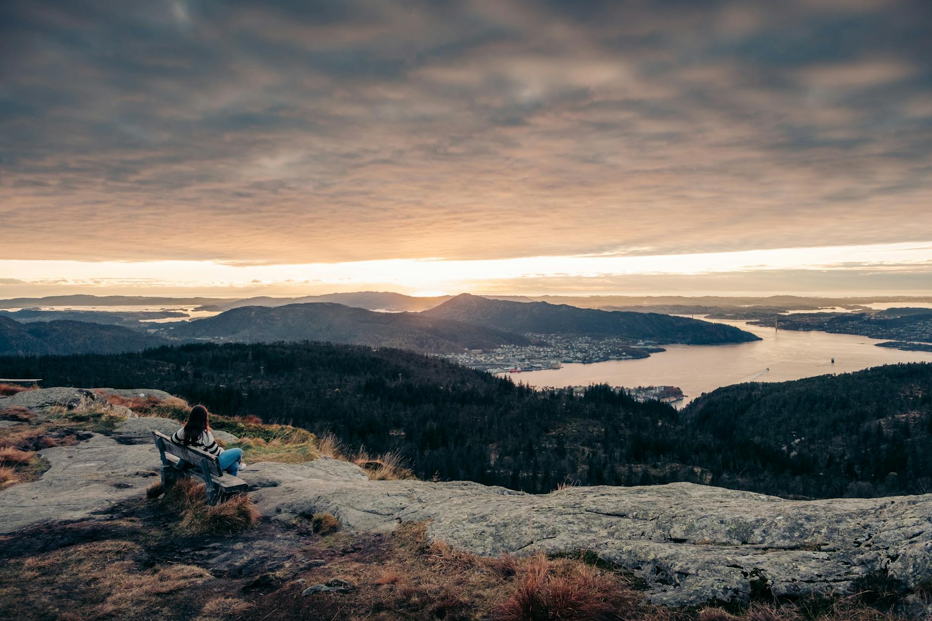 Mountain bench above Bergen for luxury viewpoint timing.