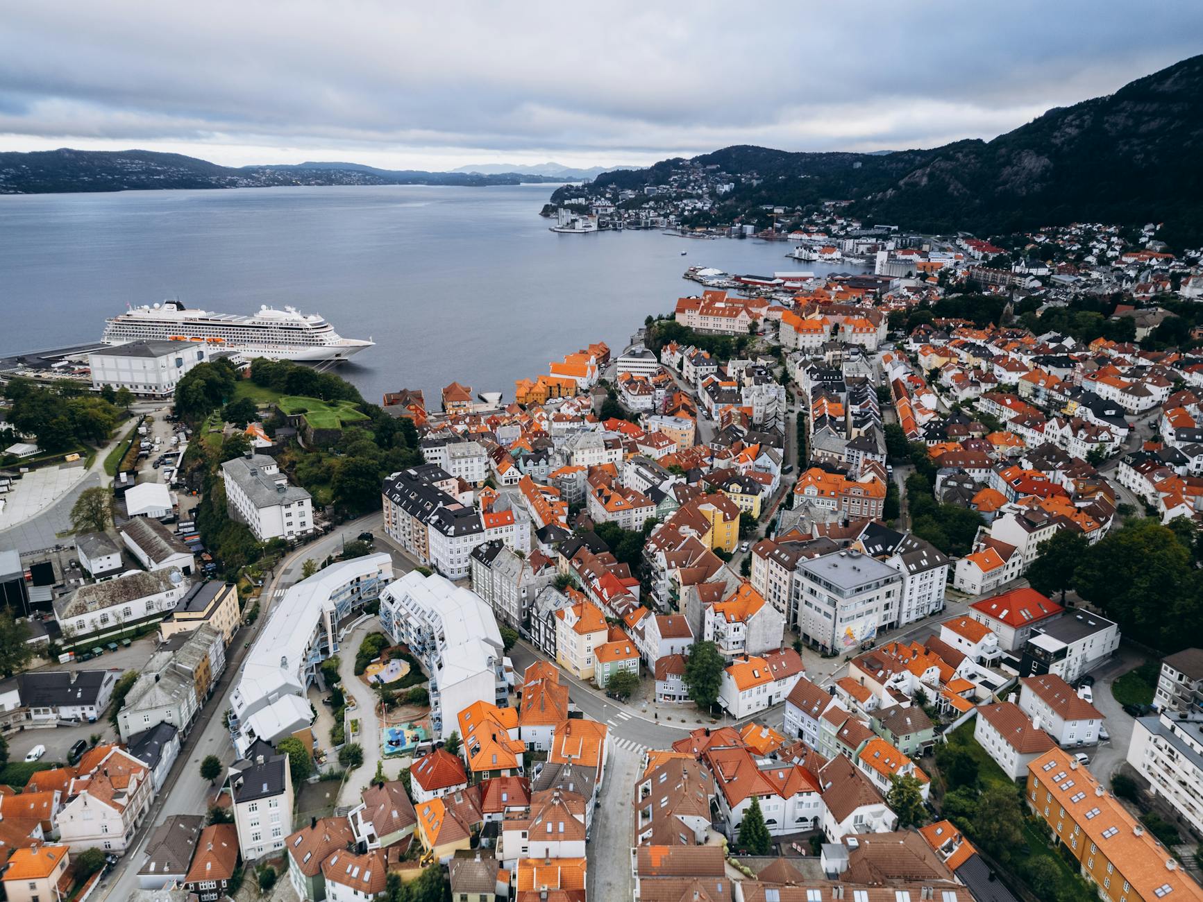 Aerial Bergen harbor view for luxury travel report planning.
