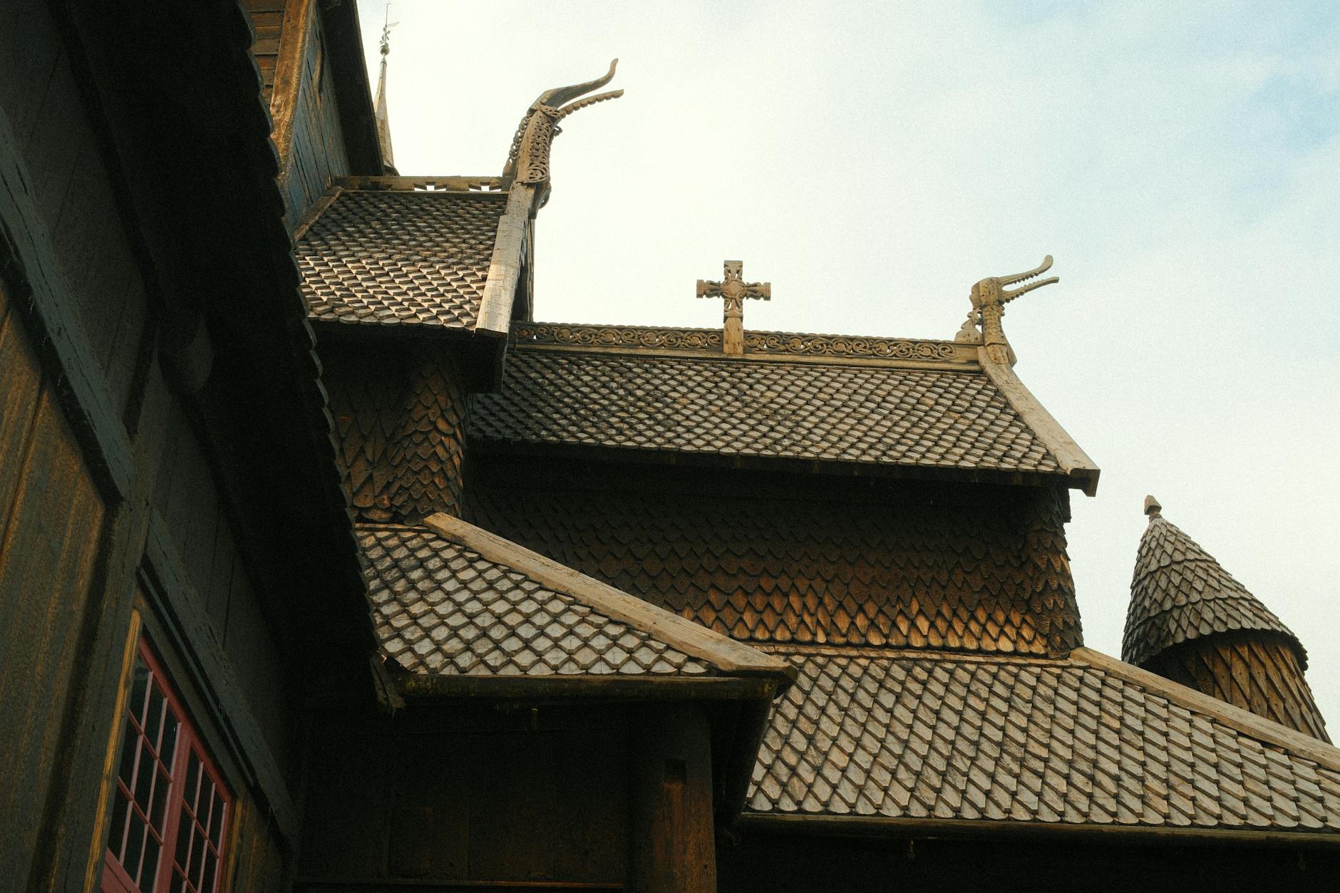 Detailed wooden church roof for respectful sacred-site planning.