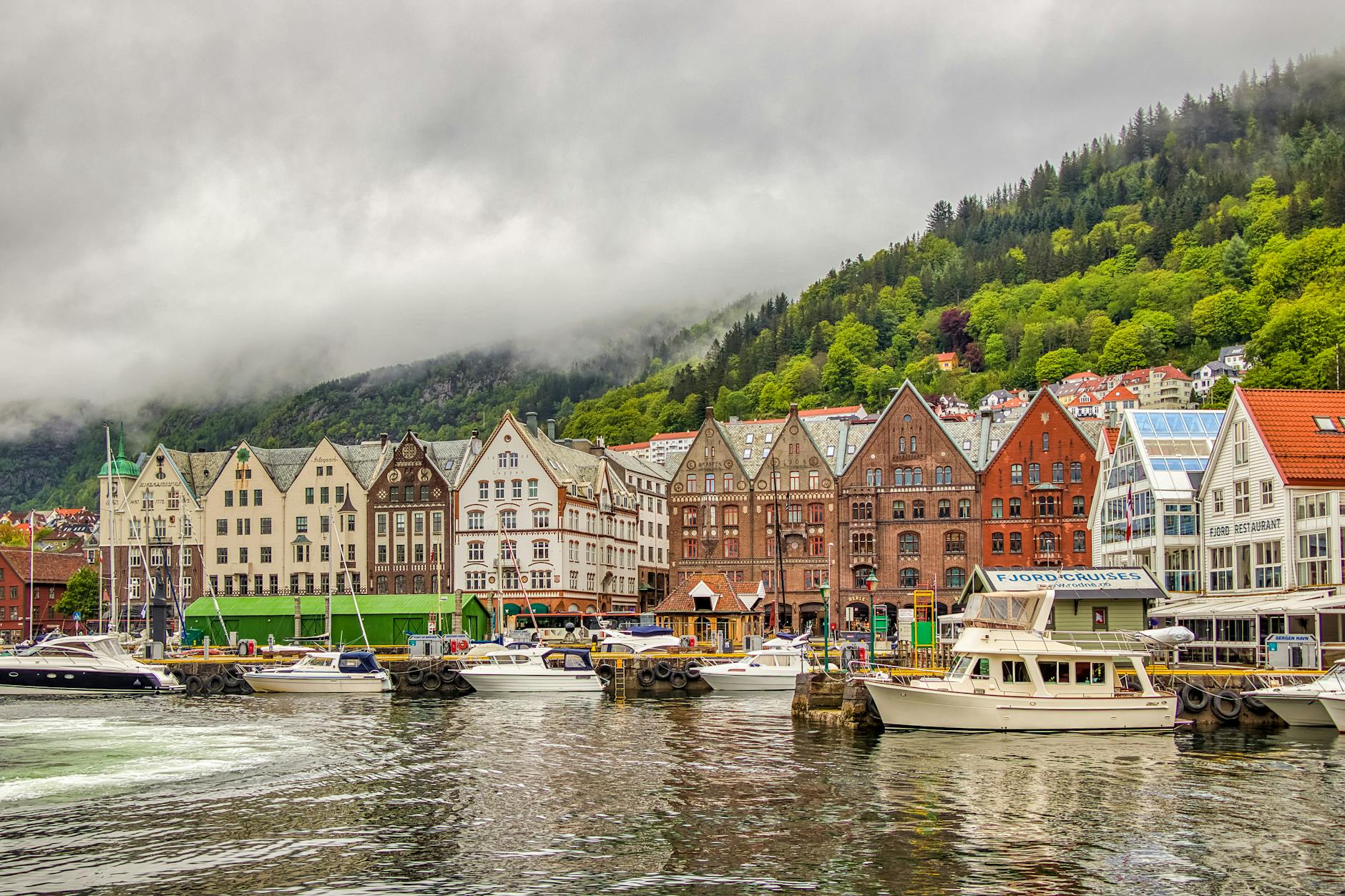 Cloudy Bryggen waterfront for repeat Bergen weather planning.