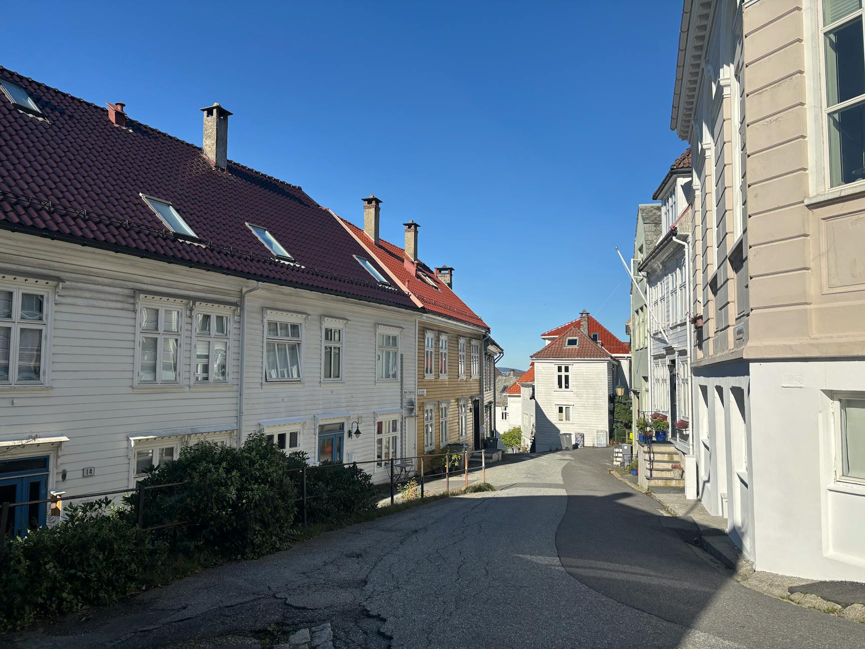 Bergen street with wooden houses for student food and budget planning.