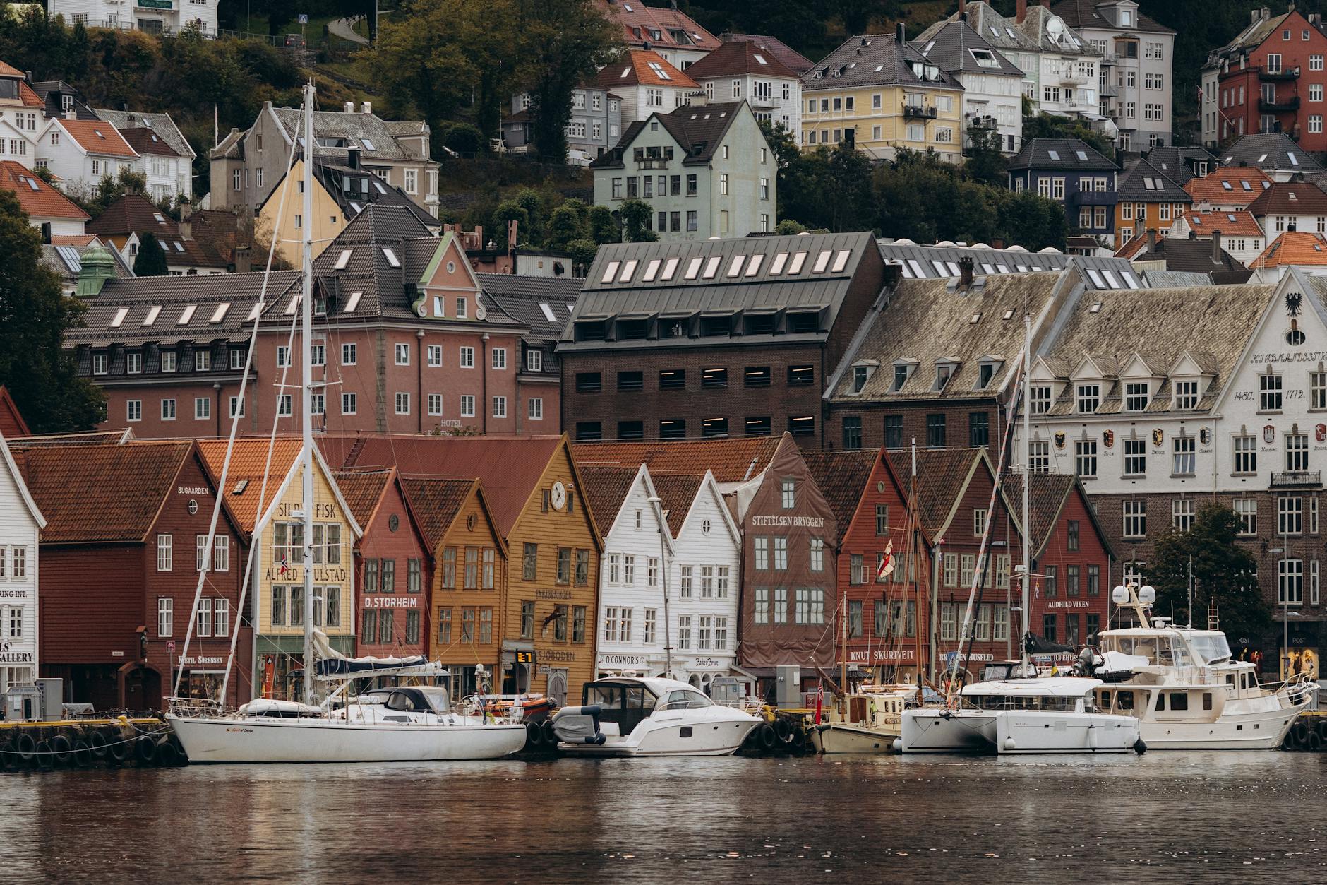 Bergen harbor and yachts for tourist travel report planning.