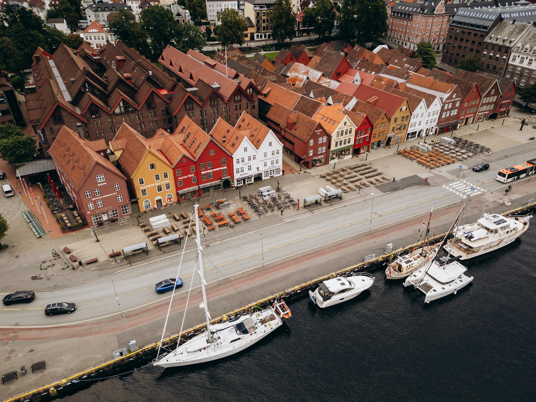 Aerial Bryggen harbor view for Bergen tourist planning.