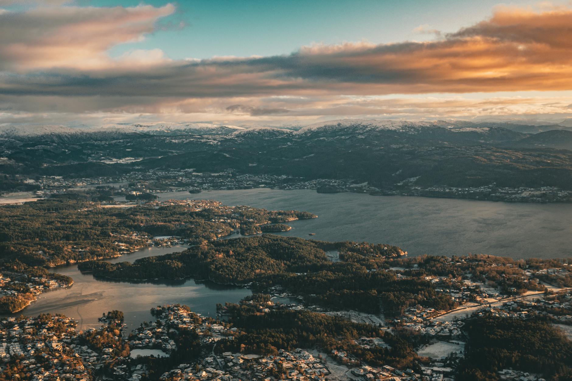 Aerial Bergen at sunset for trade-show travel report planning.