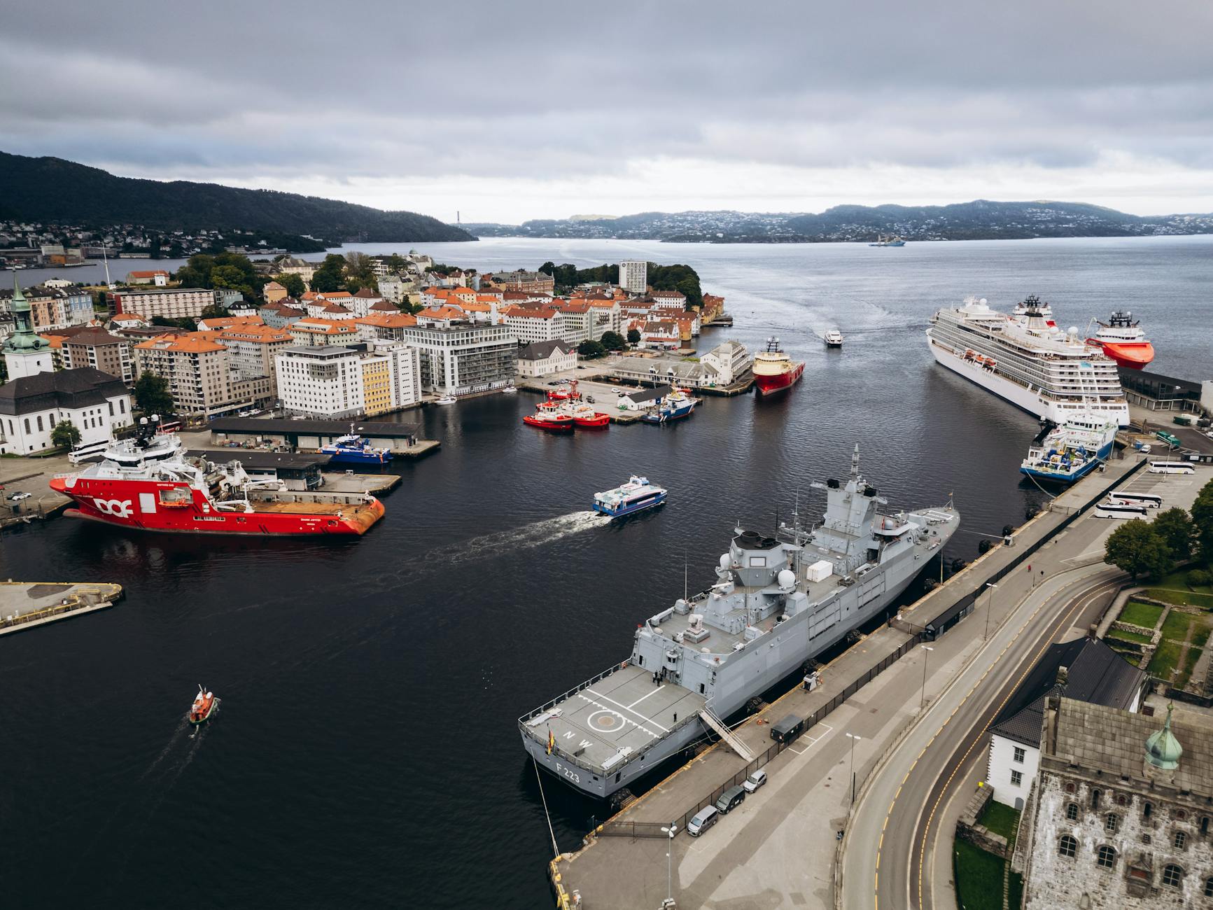 Aerial Bergen harbor for trade-show venue geography planning.