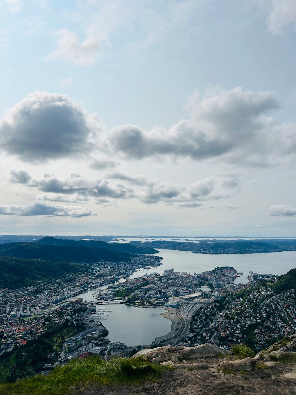 Aerial Bergen cityscape for transit travel report planning.