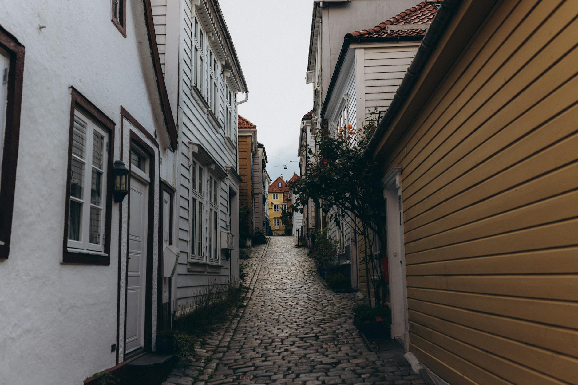 Bergen cobblestone alley for rain and surface planning.
