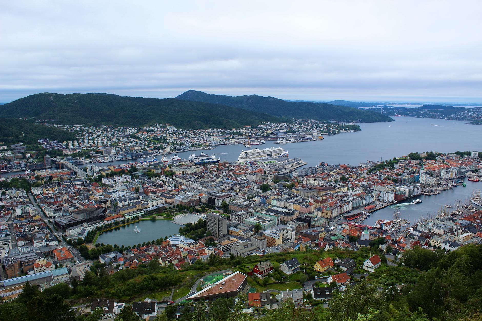 Aerial Bergen city and harbor view for mobility-aware viewpoint planning.