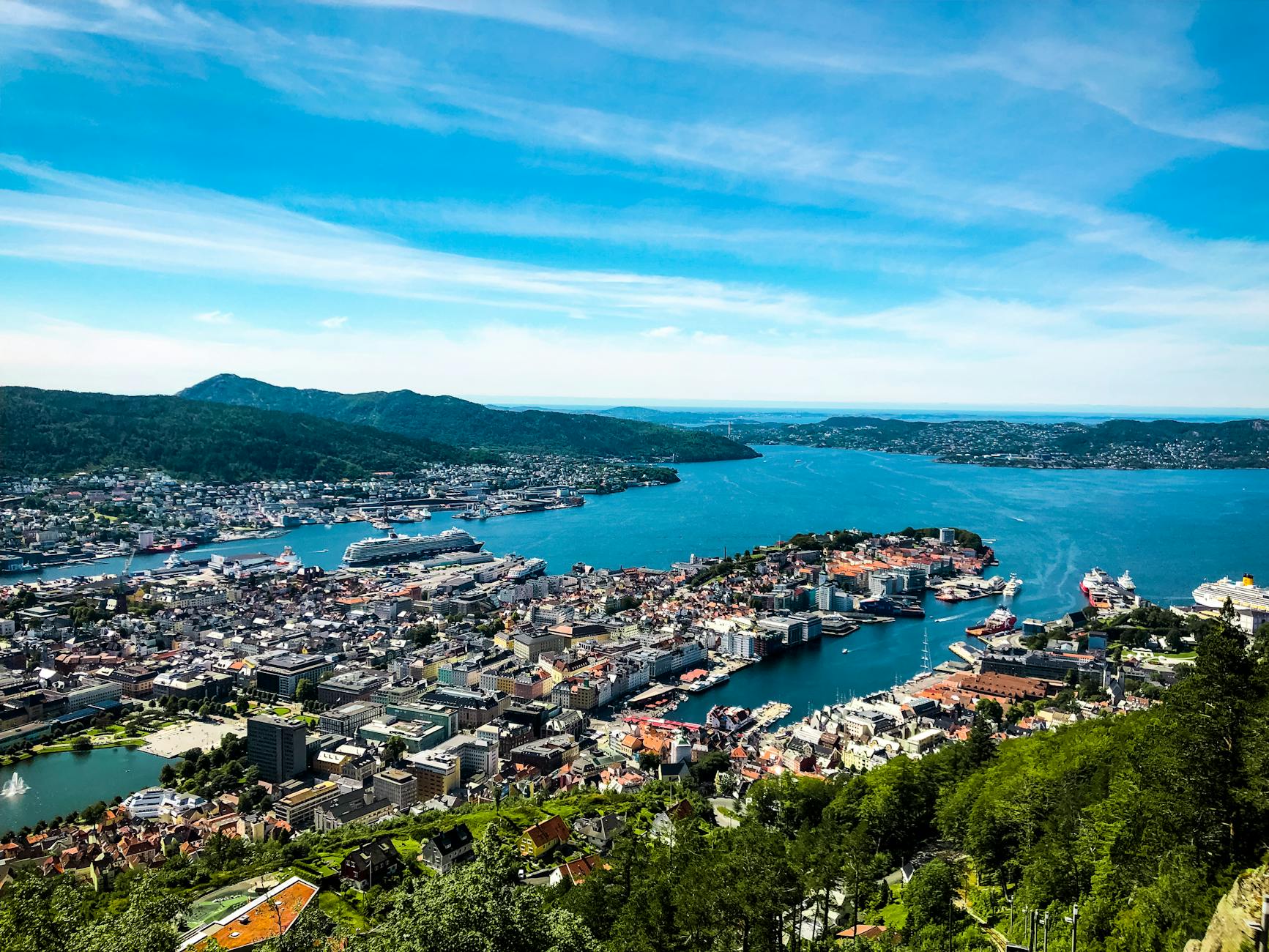 Aerial Bergen harbor and marina for mobility-aware report planning.