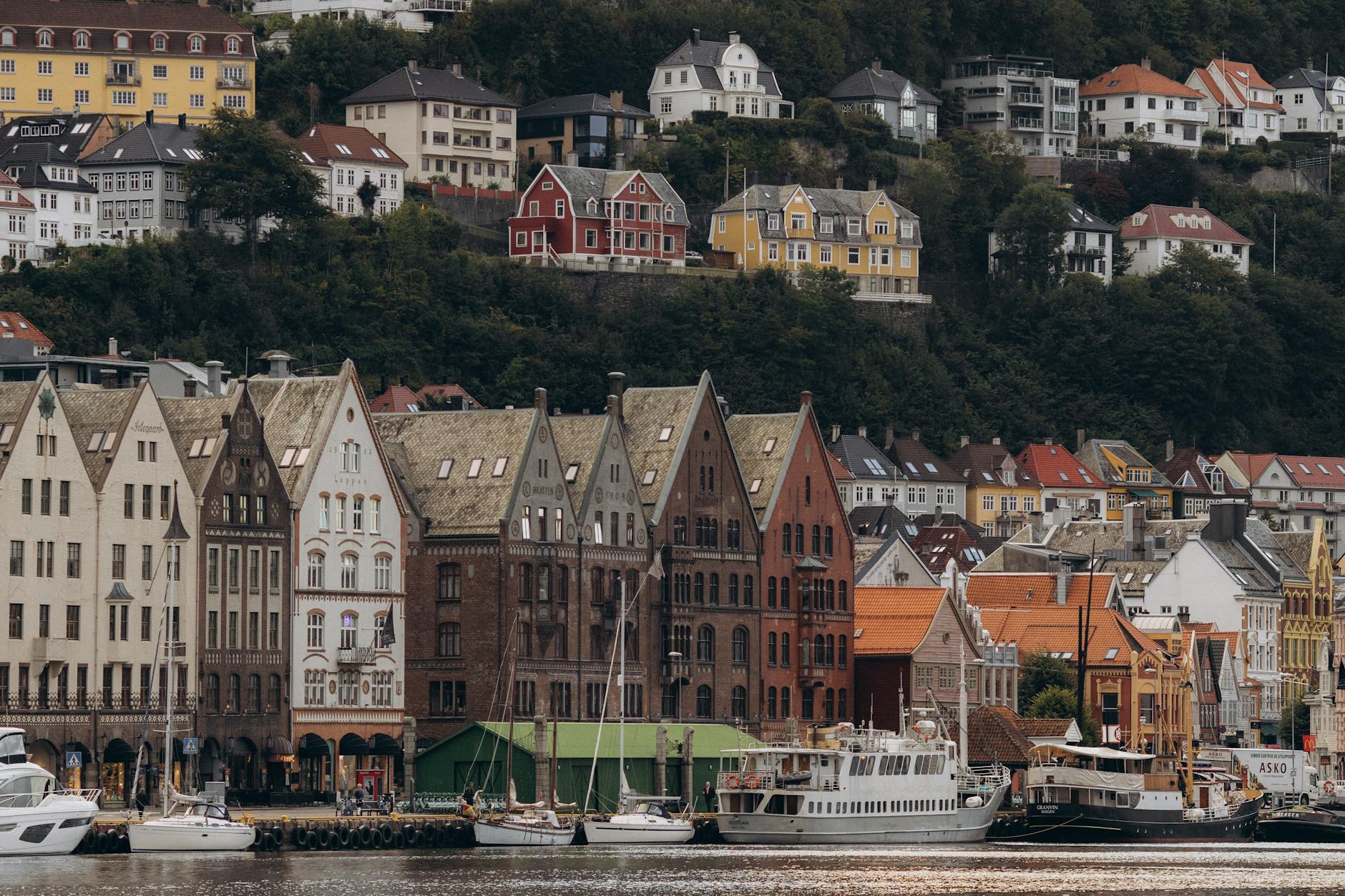 Bergen waterfront buildings for woman traveler report planning.