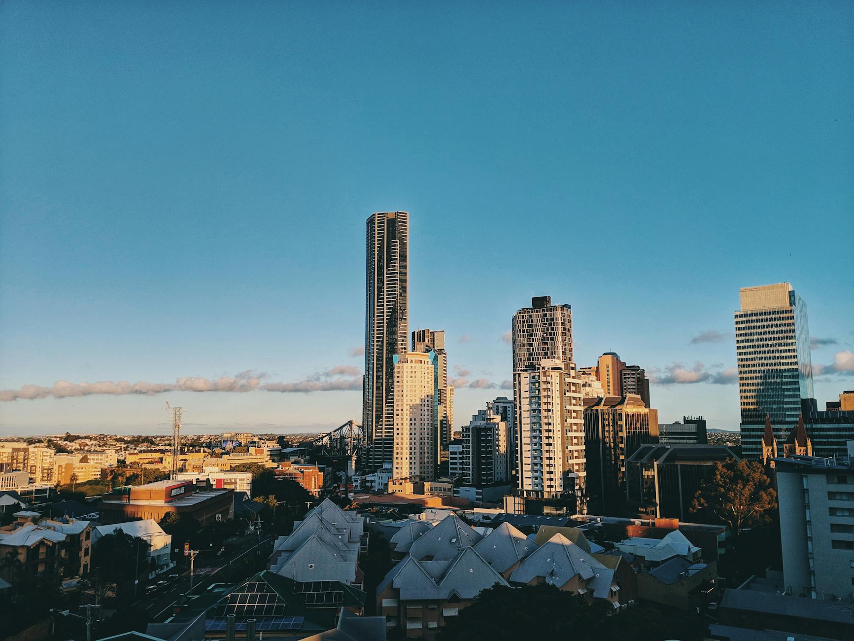 Modern Brisbane skyline for conference lodging area planning.