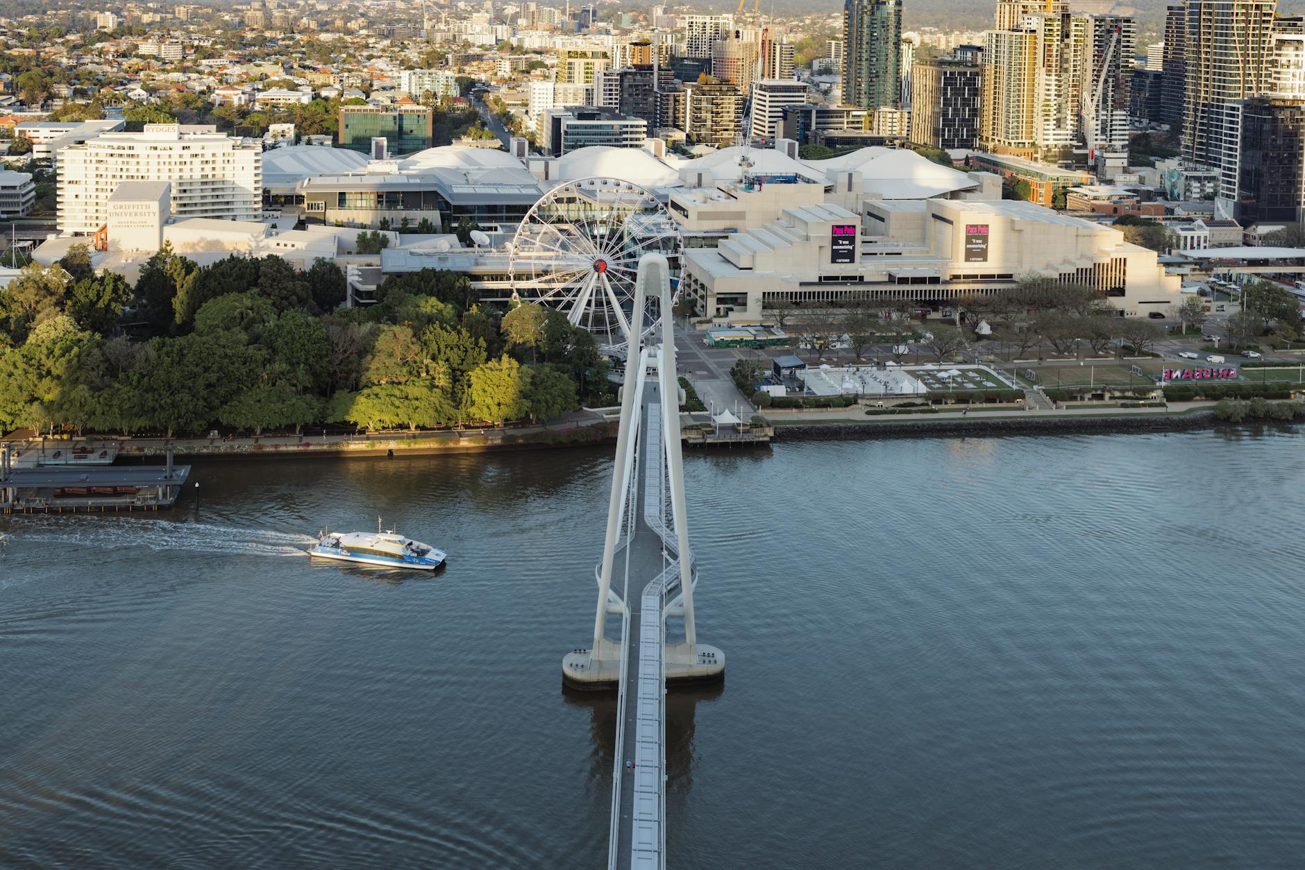 Brisbane Wheel and skyline for academic conference planning near South Bank.