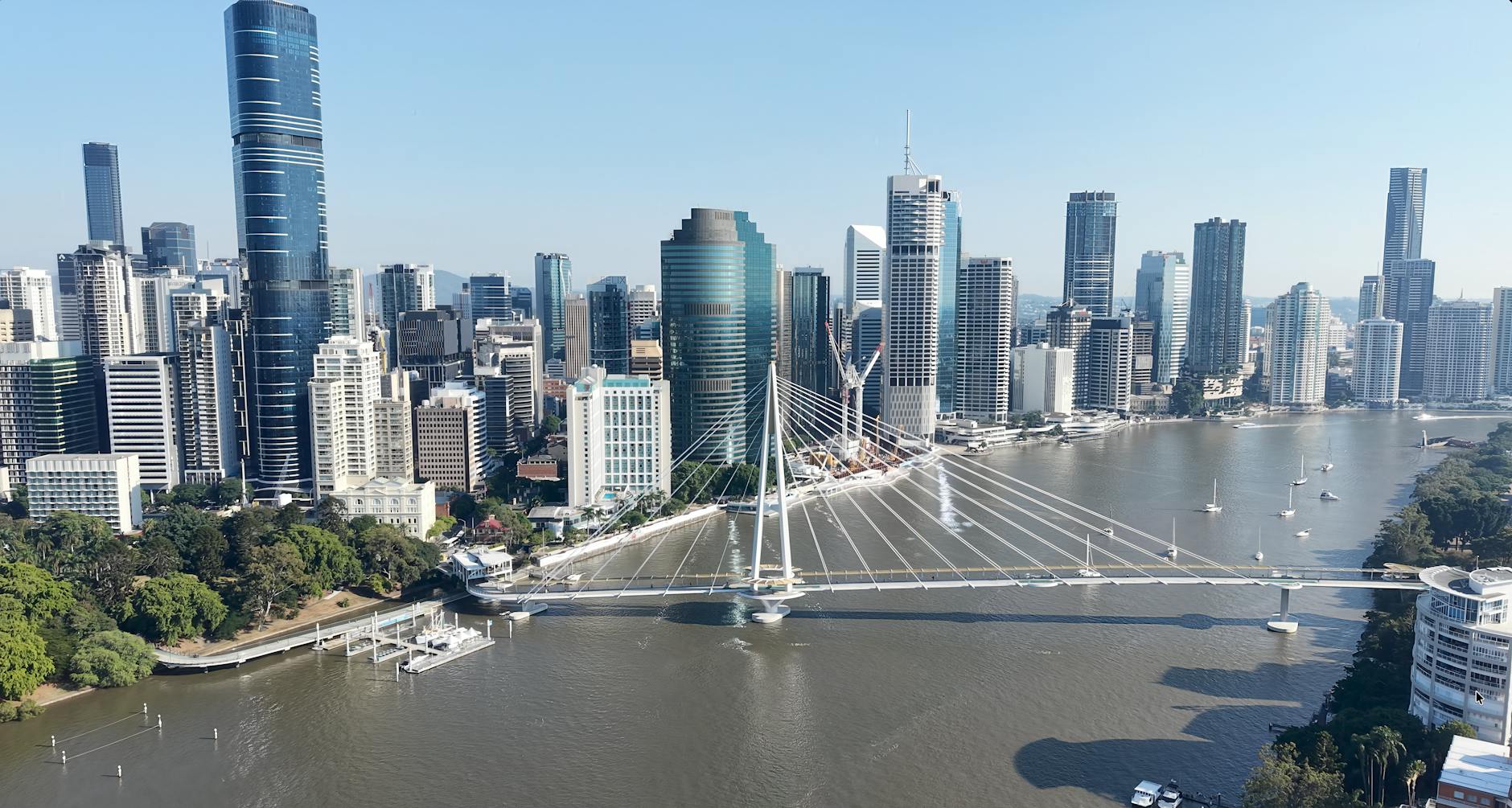 Aerial Brisbane skyline and bridge for conference venue geography planning.